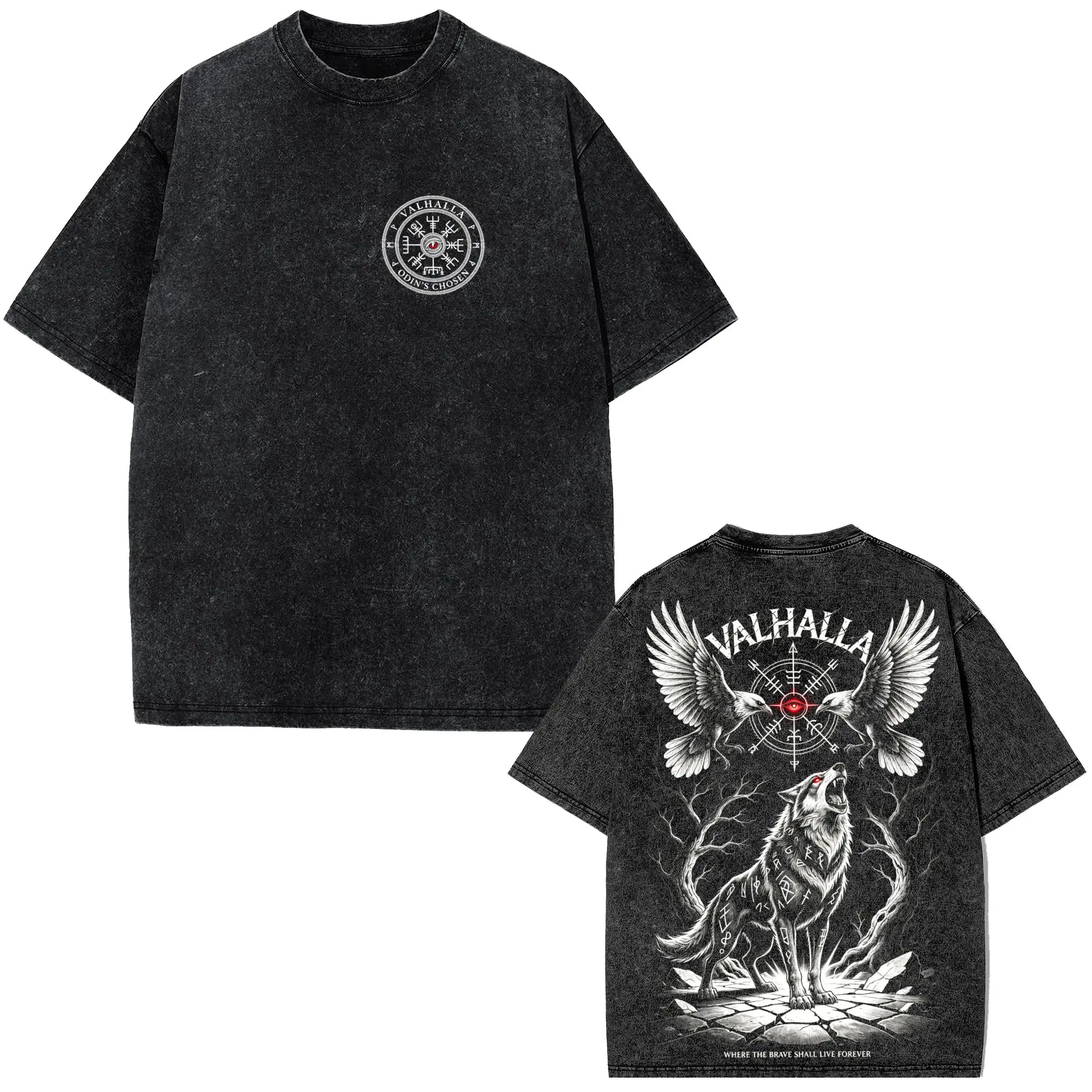 VALHALLA Men's Oversized Acid Wash Wolf Graphic Short-Sleeve T-Shirt - Norse Mythology Viking Raven Odin Fenrir Runic Gothic Worn-In Viking Weight Top, Relaxed Fit Indie Aesthetic Washed Black Textured Menswear, Gifts For Him, Shortsleeve