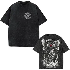 VALHALLA Men's Wolf Acid Wash Oversized Graphic Tee - Norse Mythology Viking Raven Odin Fenrir Runic Dark Gothic Streetwear, Warriors Print, Relaxed Fit Menswear, Comfy Stylish Indie Aesthetic Washed Black Fabric Gifts For Him