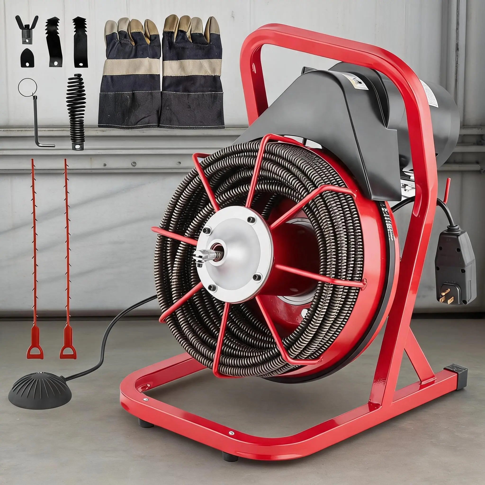 Heavy Duty Steel Frame Electric Drain Cleaner Machine with 75ft x 0.5in Sewersnake, Auto-Feed, 4 Cutters, Foot Switch, Retractable Handle for 1-4in Pipe Cleaning (Sinks, Toilets)