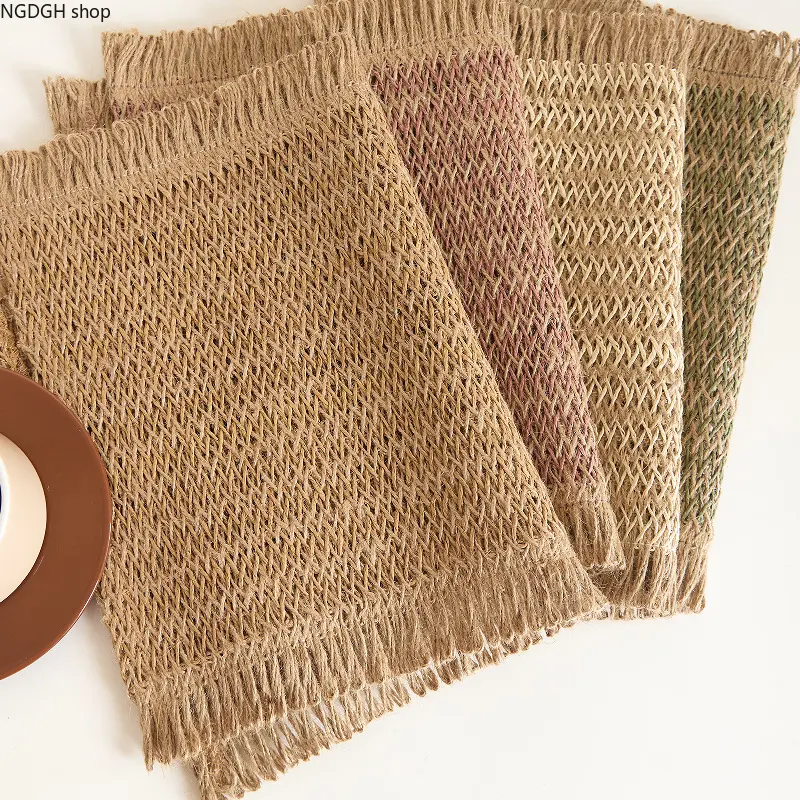 Woven Jute Placemats with Fringe Edge - Classic Tableware Placemats & Coasters for Dining Table, Rustic Farmhouse Boho Kitchen Home Decor (Natural, Beige, Green, Pink), Jute Weave