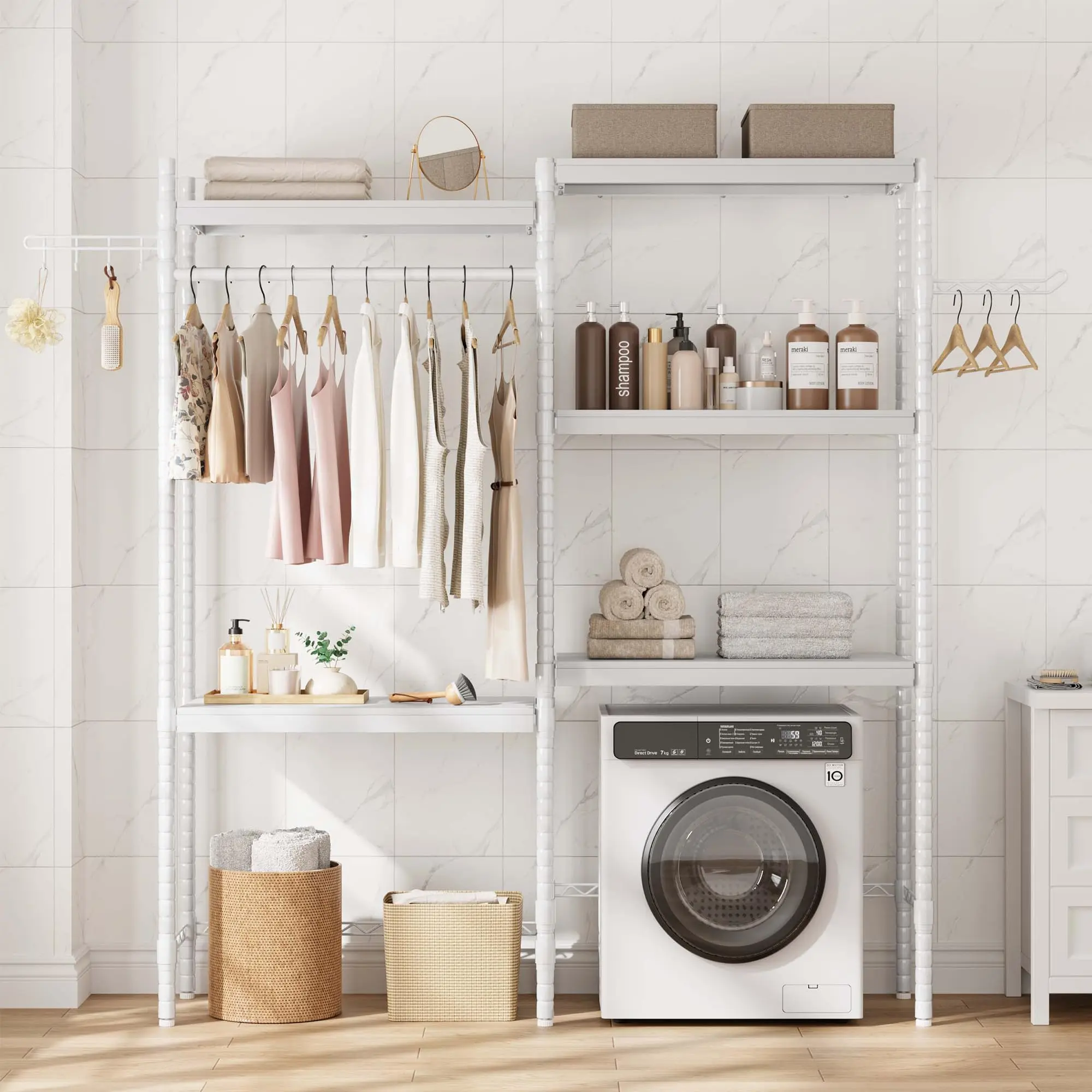 30" 5-Tier Over-The-Washer Storage Shelf, Adjustable Height Laundry Organizer with Double Layer Wood Shelves, Space Saving Washing Machine Rack for Bathroom Laundry Room