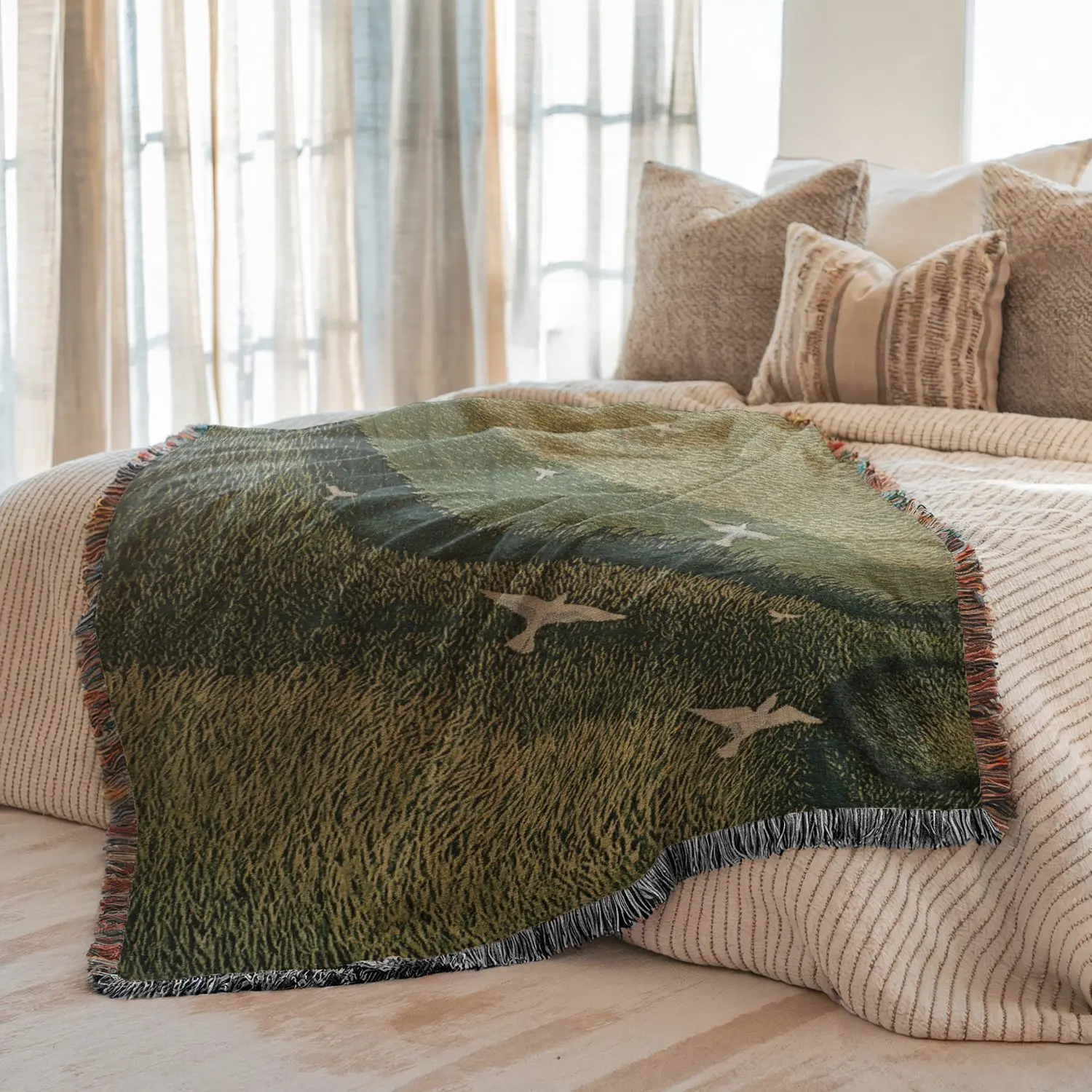 Multi-Function Tassel Woven Blanket Birds Pattern Blanket, Blanket with tassels, Also for Sofa Cover Couch Throw Blanket Armchair Home Decor Tablecloth Outdoor Picnic Camping Beach Towel Office Nap