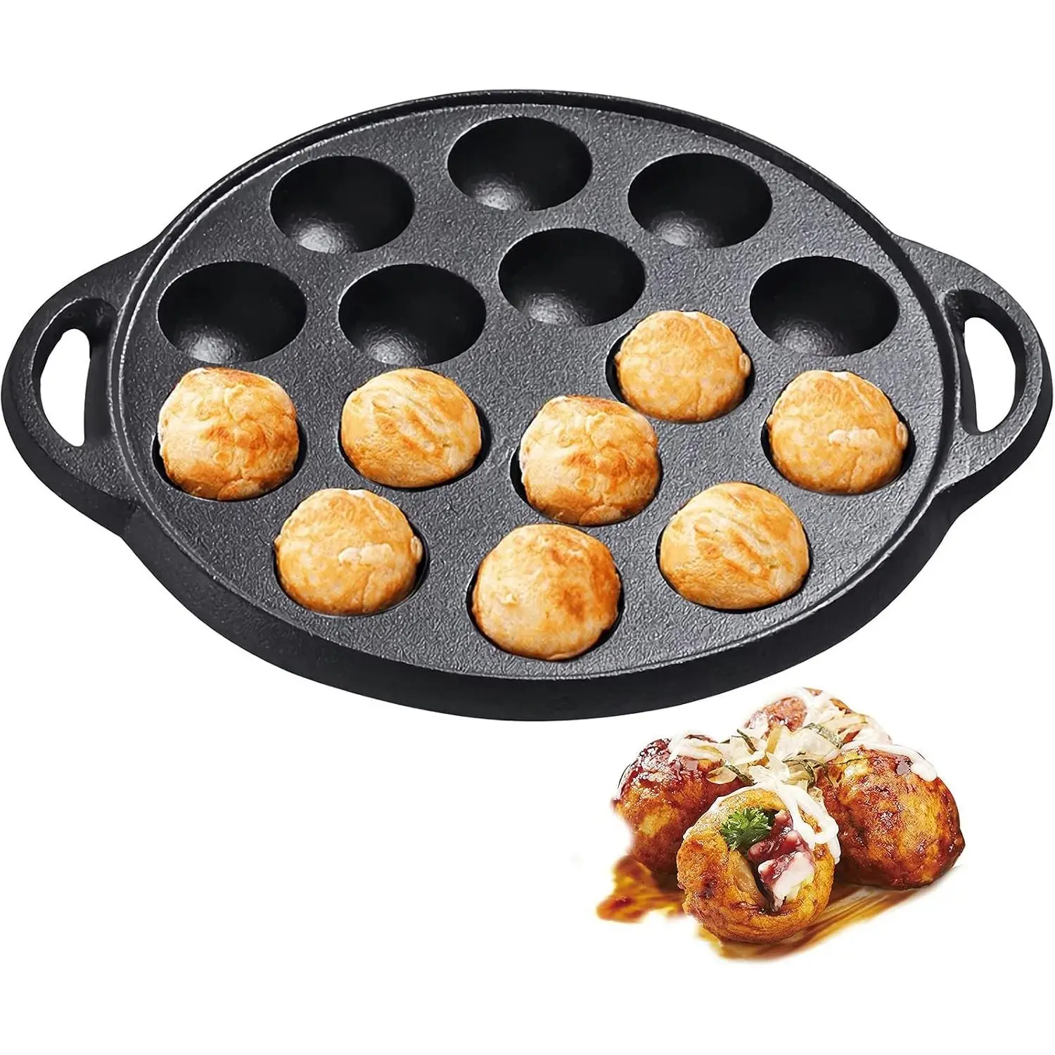 WUWEOT Non-Stick Takoyaki Pan, 1.5" Diameter Pre-Seasoned Cast Iron Octopus Ball Grill