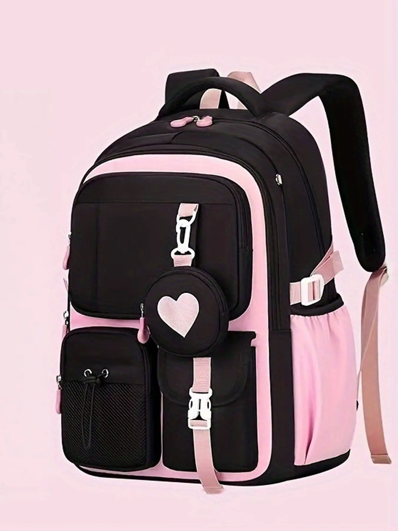 1 Piece Contrast Trim Daily Backpack Detachable Heart Decor Mini Coin Bag Multi-Layer Zipper Compartments Drawstring Side Pocket Padded Adjustable Shoulder Straps Large Capacity Backpack for Campus Study Daily Commute Weekend Outdoor Trip Travel Backpack