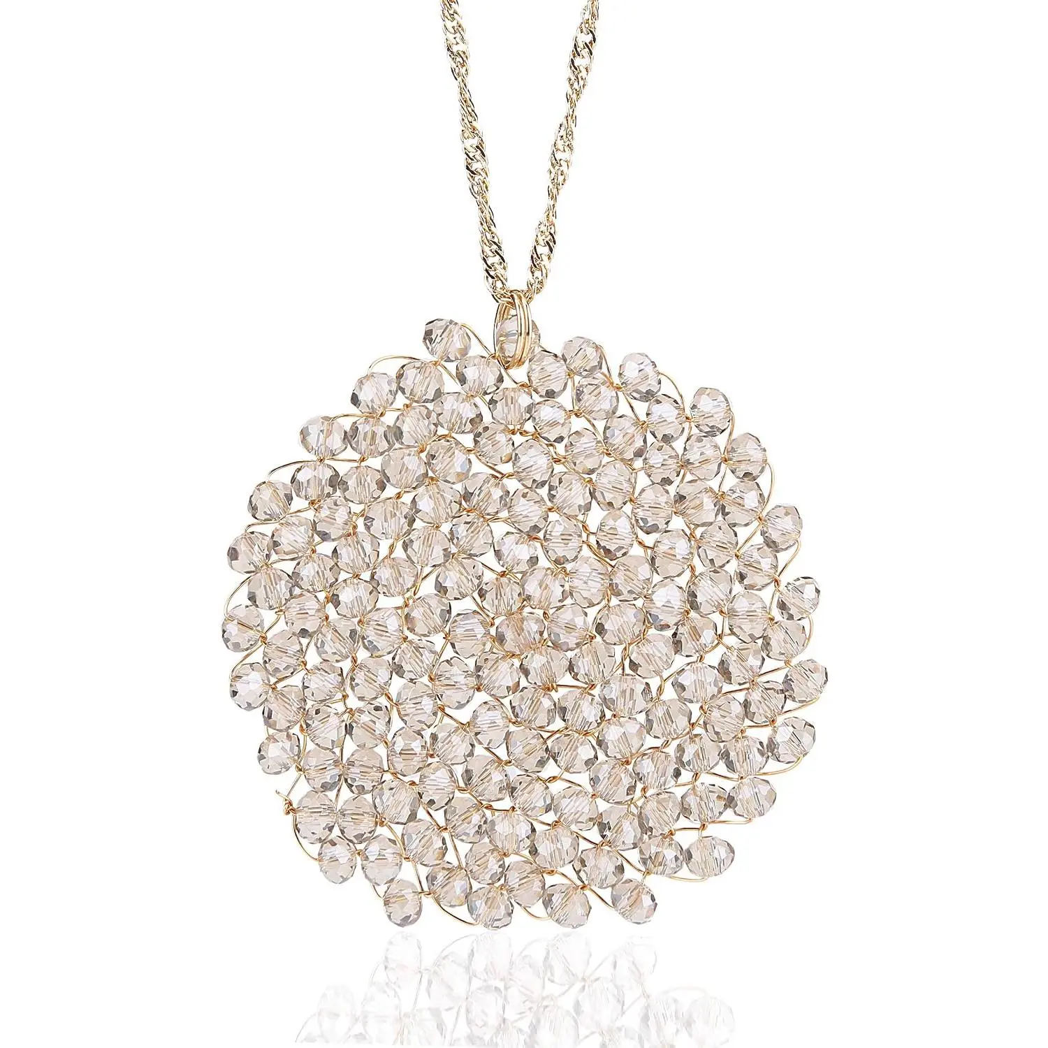 Handmade Crystal Circle Pendant Necklace for Women Disc Long Statement Necklaces with Box