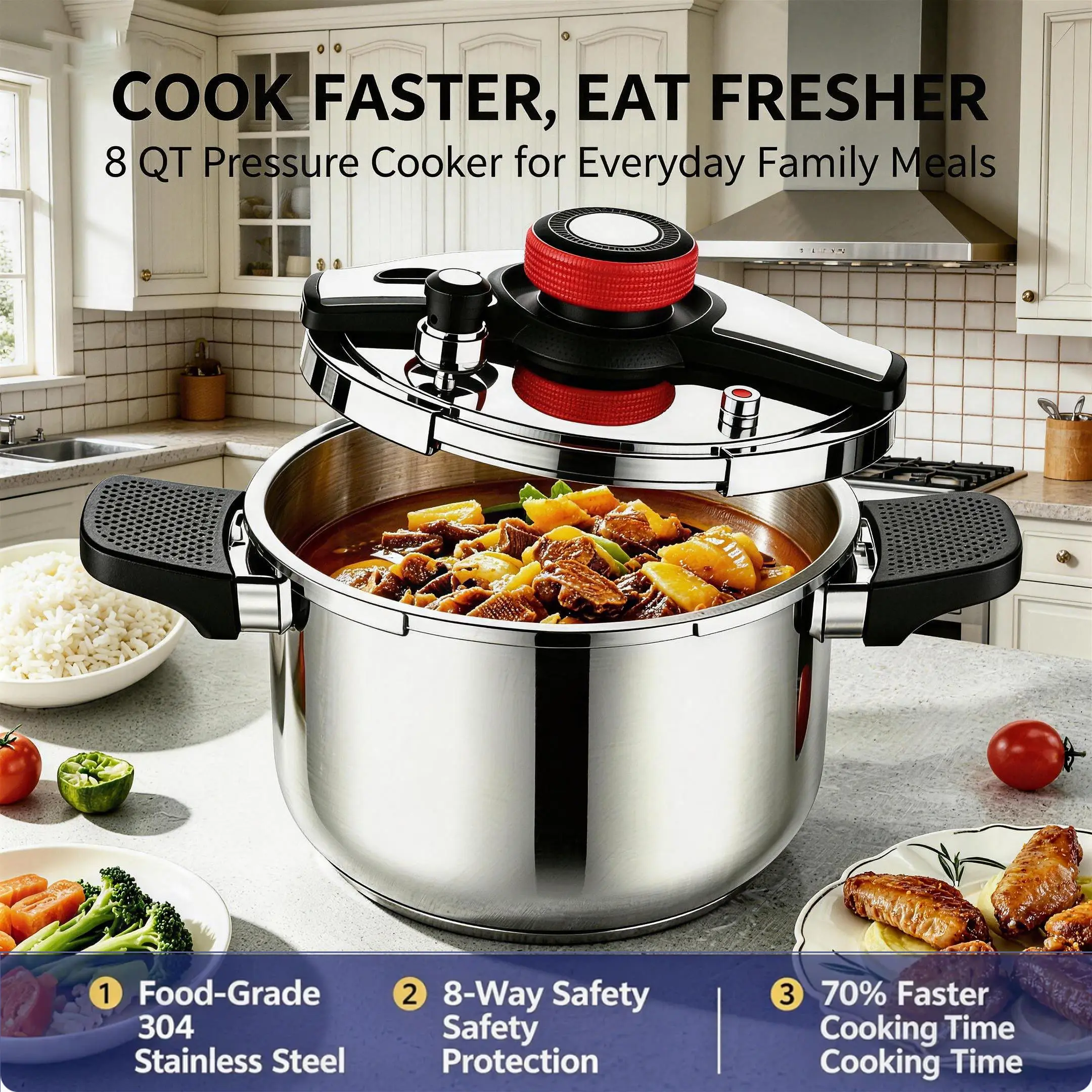 8QT Food-Grade Stainless Steel Stovetop Pressure Cooker - 1-Hand Lockable Lid, 70% Faster Heating Pressure Cooker, Dual Safety, Family Size, Induction Heating Compatible Cookware for Efficient Family Dinners, Pressure Pot