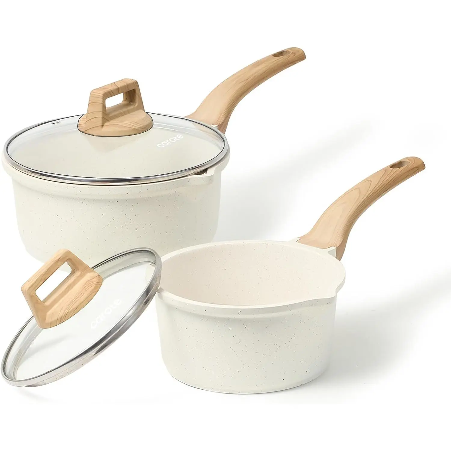 1.5Qt & 3.0Qt Sauce Pan Sets with Lid Cooking Pots Nonstick Saucepans Cookware Set with Pour Spout Small Kitchen Pot, Induction Comptable, Easy to Clean, PFOA FREE (White Granite)