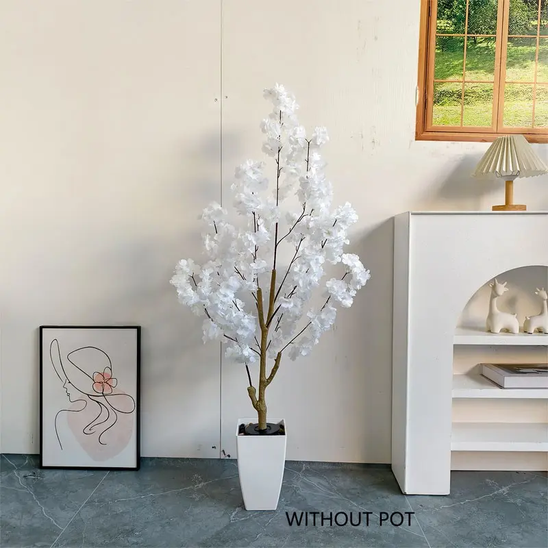 120 cm artificial white cherry blossom tree - wishing tree, Decorative fake tree, a flower tree for home floor decoration, suitable for living rooms, terraces, wedding and festival decorations, outdoor decorations, without pots