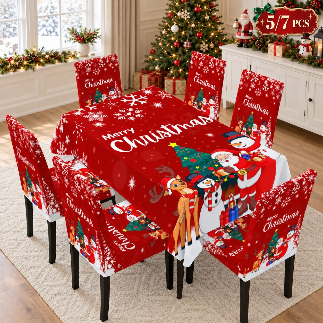 5/7 Piece Tablecloth and Chair Cover Set, Merry Christmas Santa Snowman Reindeer Print, Red Rectangular Table Cover, Stretch Removable Dining Chair Slipcovers, Machine Washable, Kitchen Dining Room Decor, Winter Holiday Party Table Decorations