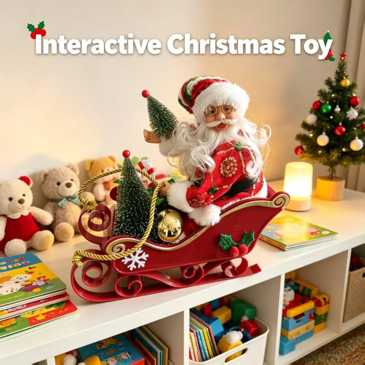 Christmas Plastic Electric Sleigh Santa Arm Swing Music Ornament, Plush Moveable Hand with Music Desktop Festival Decoration Craft