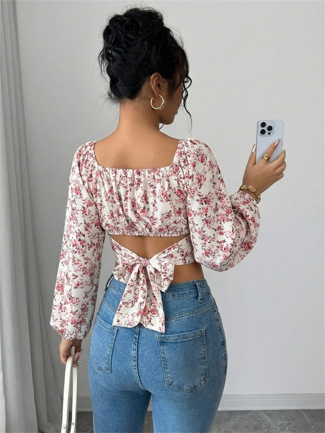 Spring Summer Square Neck Long Sleeve Shirt Blouse, Blouse Shirts, Ditsy Floral Pattern, Tie Back Design, Butterfly Knot, Chic Aesthetic Casual Beach Vacation Style, Women's Top