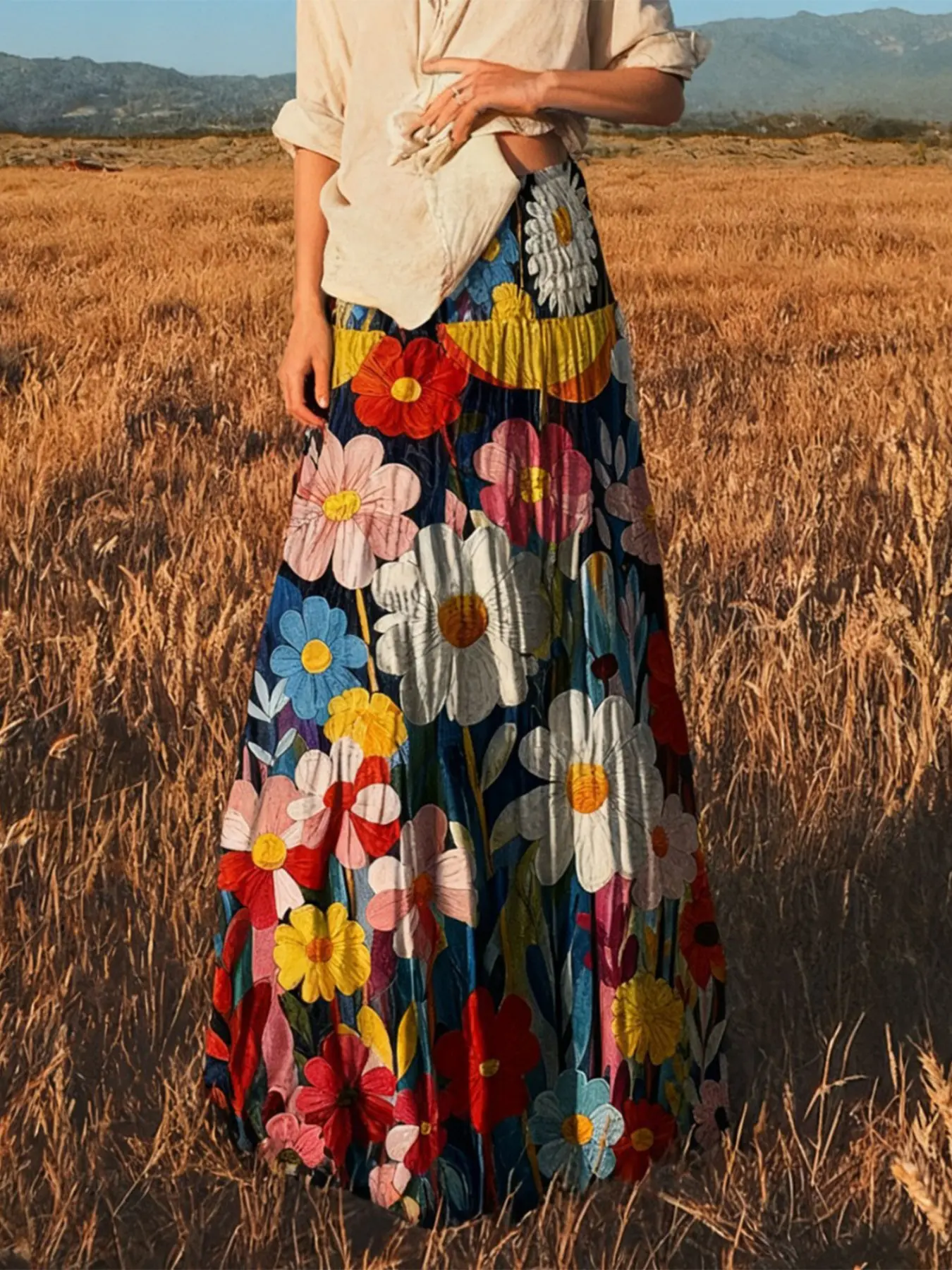 Women's Boho Floral Print Midi Skirt, A-Line Loose Fit, Elastic Waist, Casual Versatile Dressing, All-Season Fashionable Bottoms