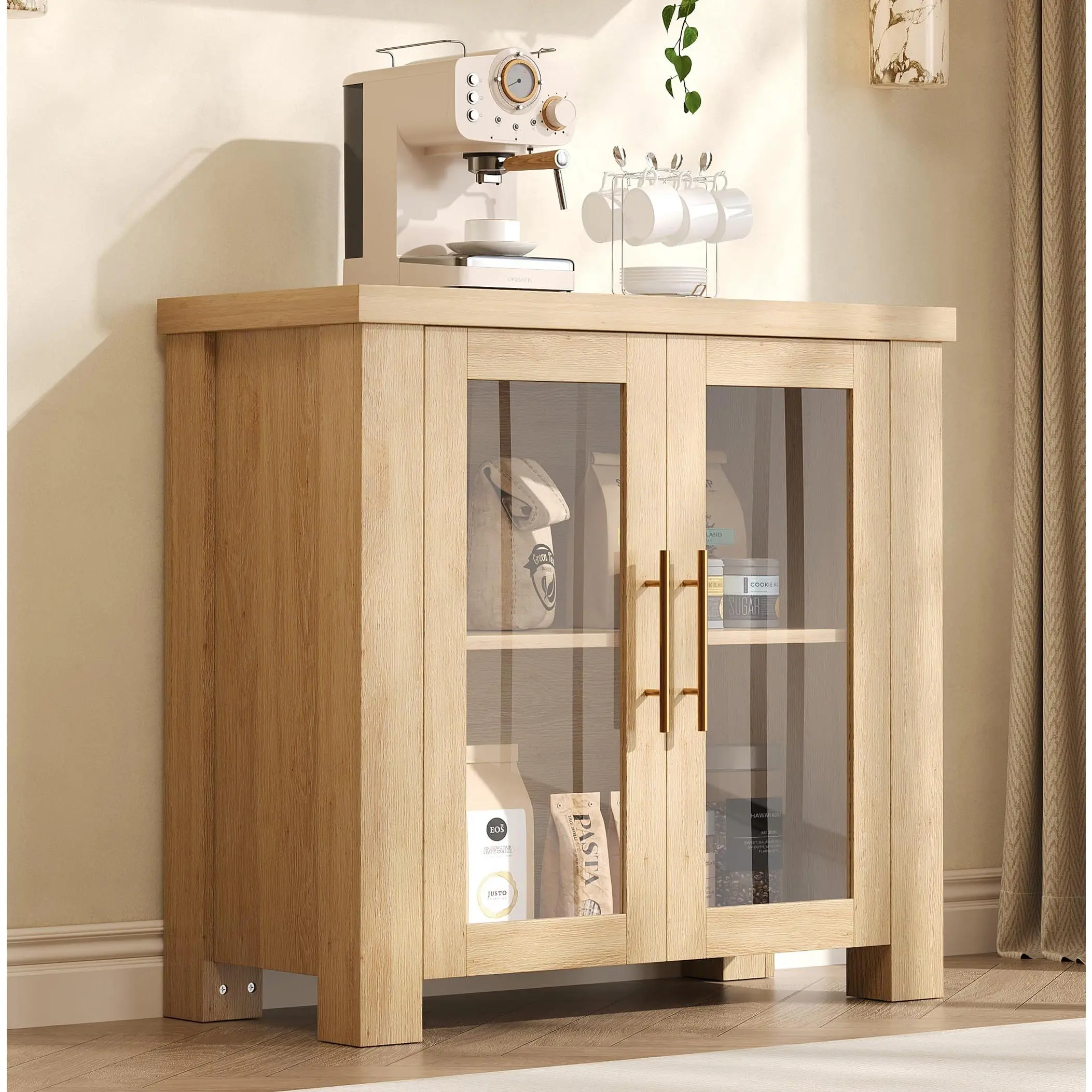 Garvee Modern Wood Buffet Sideboard Cabinet, 31.5 Inch Credenza with Tempered Glass Doors, Spacious Storage & Sturdy Tabletop, Black & Natural Wood Finish, Storage Furniture for Dining Room, Kitchen & Living Room