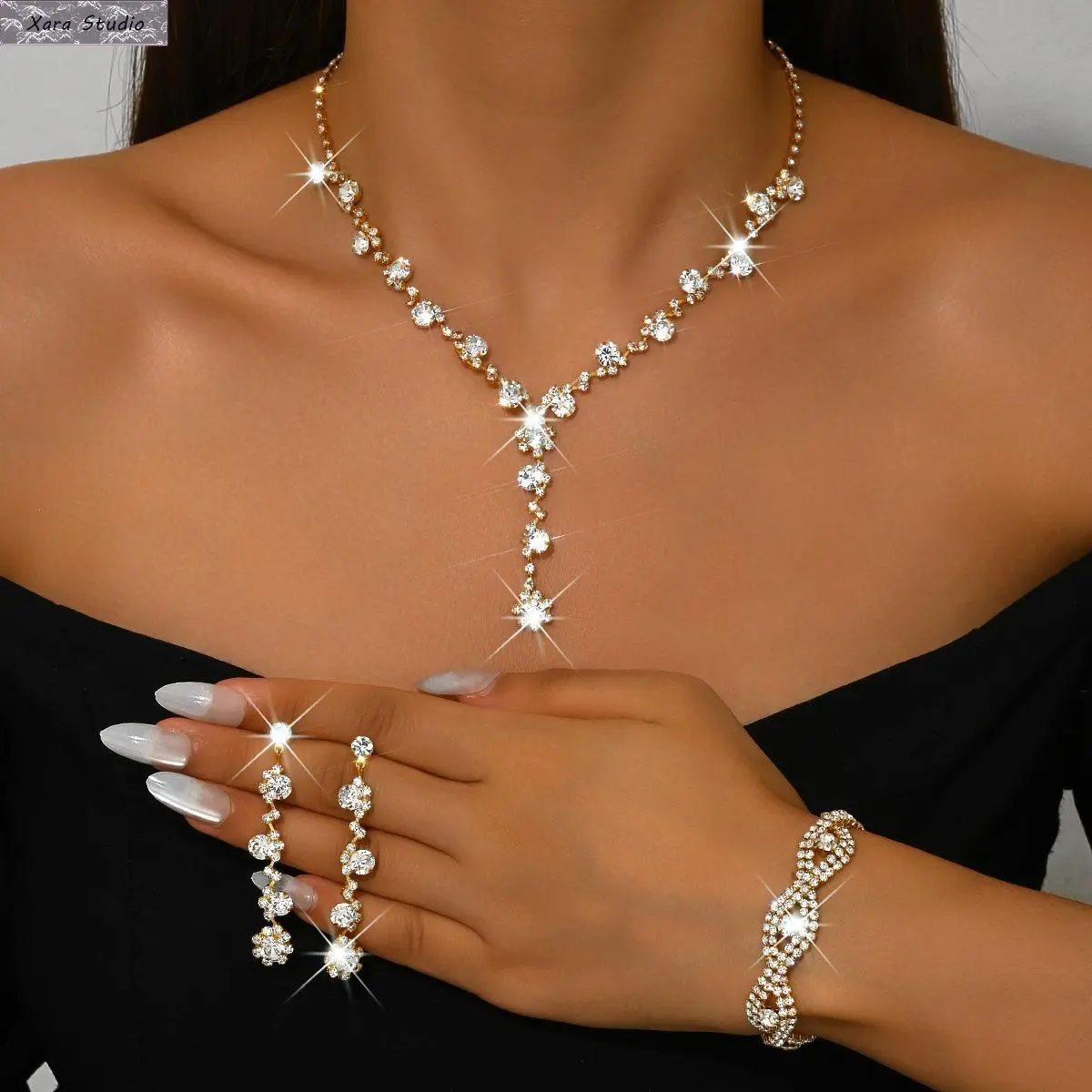 Women's 2-Piece Decorative Rhinestones Crystal Necklace & Earrings Set - Luxury Bridal Wedding Guest Accessories, Sparkling Choker, European American Fashion Gift, Decorative Rhinestones Necklaces, Rhinestone Crystal Necklaces