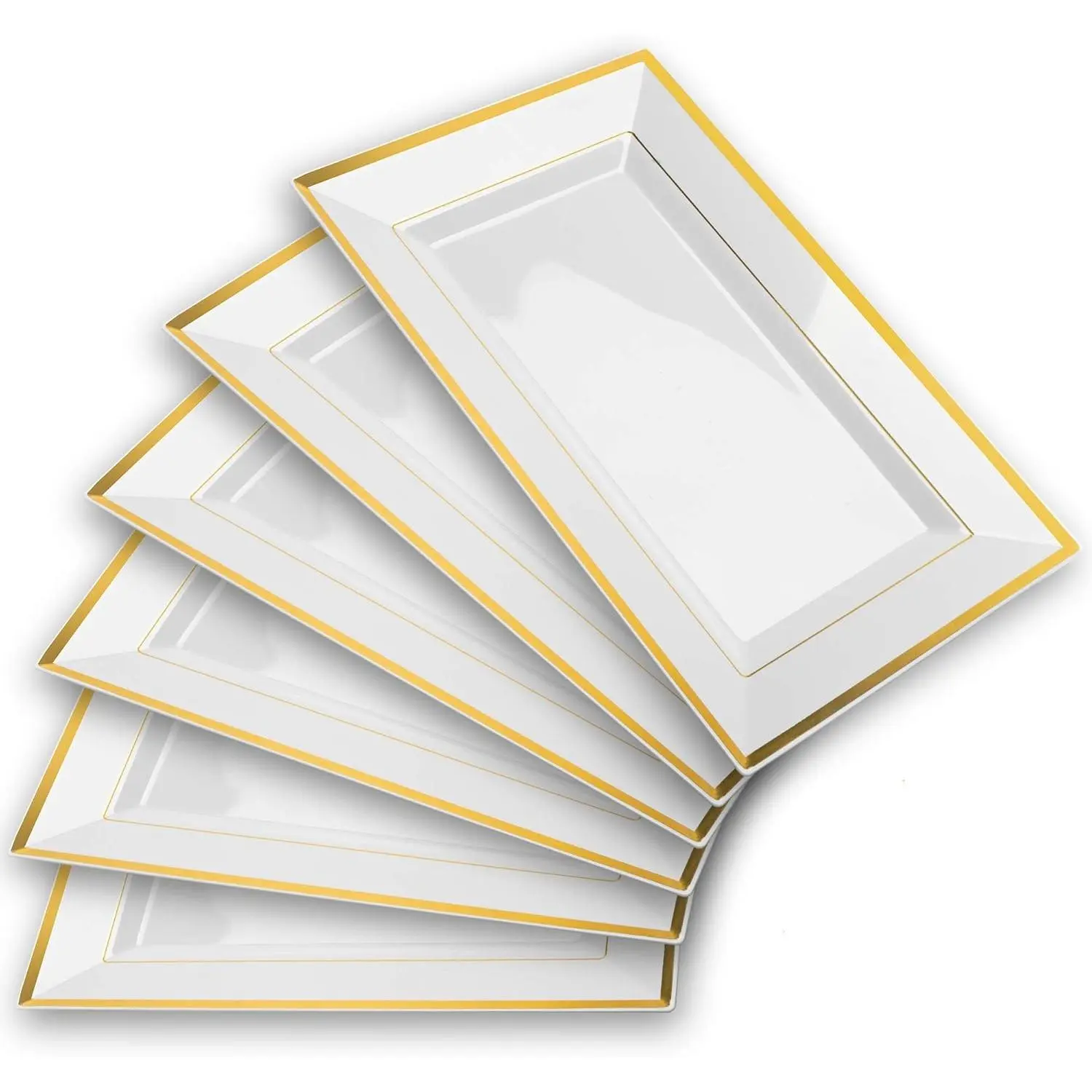 Elegant Plastic Serving Tray & Platter Set (6pk) White & Gold Rim Disposable Trays for Food Weddings Upscale Parties Dessert Table Cupcakes 8 x 12.85 inches