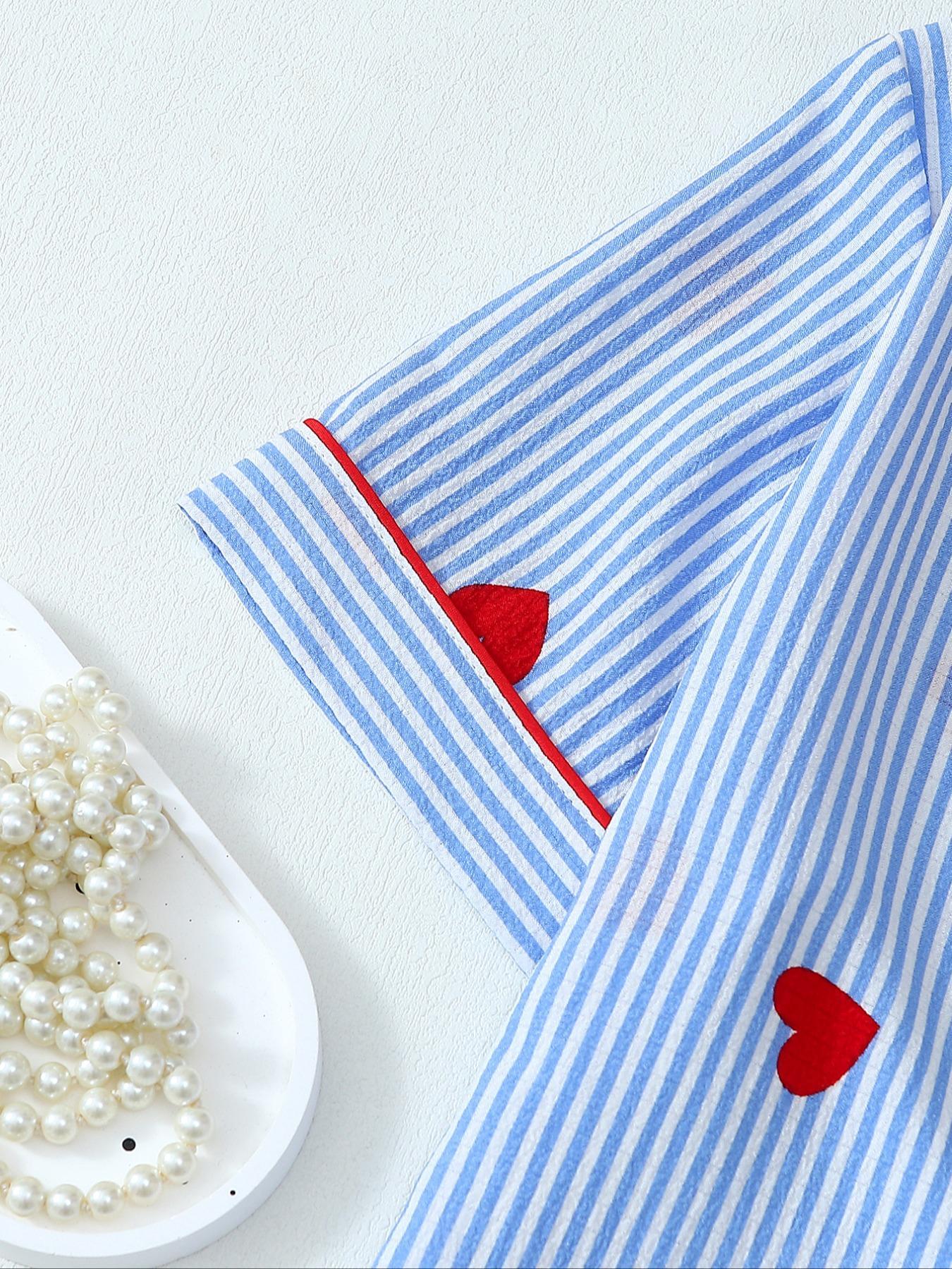 Valentine's Day Spring Summer Romantic Blue Striped Heart Elegant Short Sleeve Shorts Pajama Set for Women, Cute Fitted Homewear Loungewear Nightwear