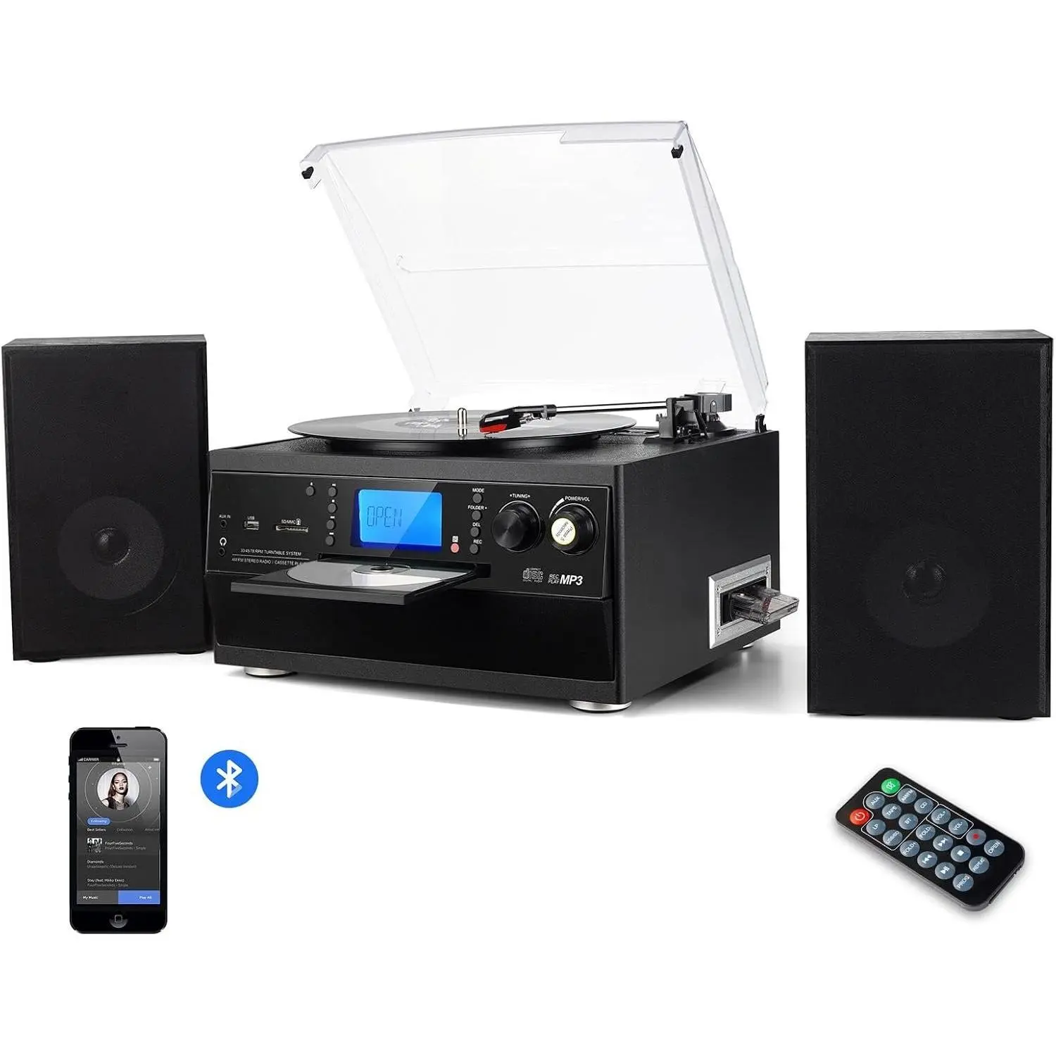 Record Player Turntable with Stereo Speaker, LP Vinyl to MP3 Converter with CD, Cassette, Radio, Aux in and USB/SD Encoding, Remote Control, Audio  Player  in Amplifier