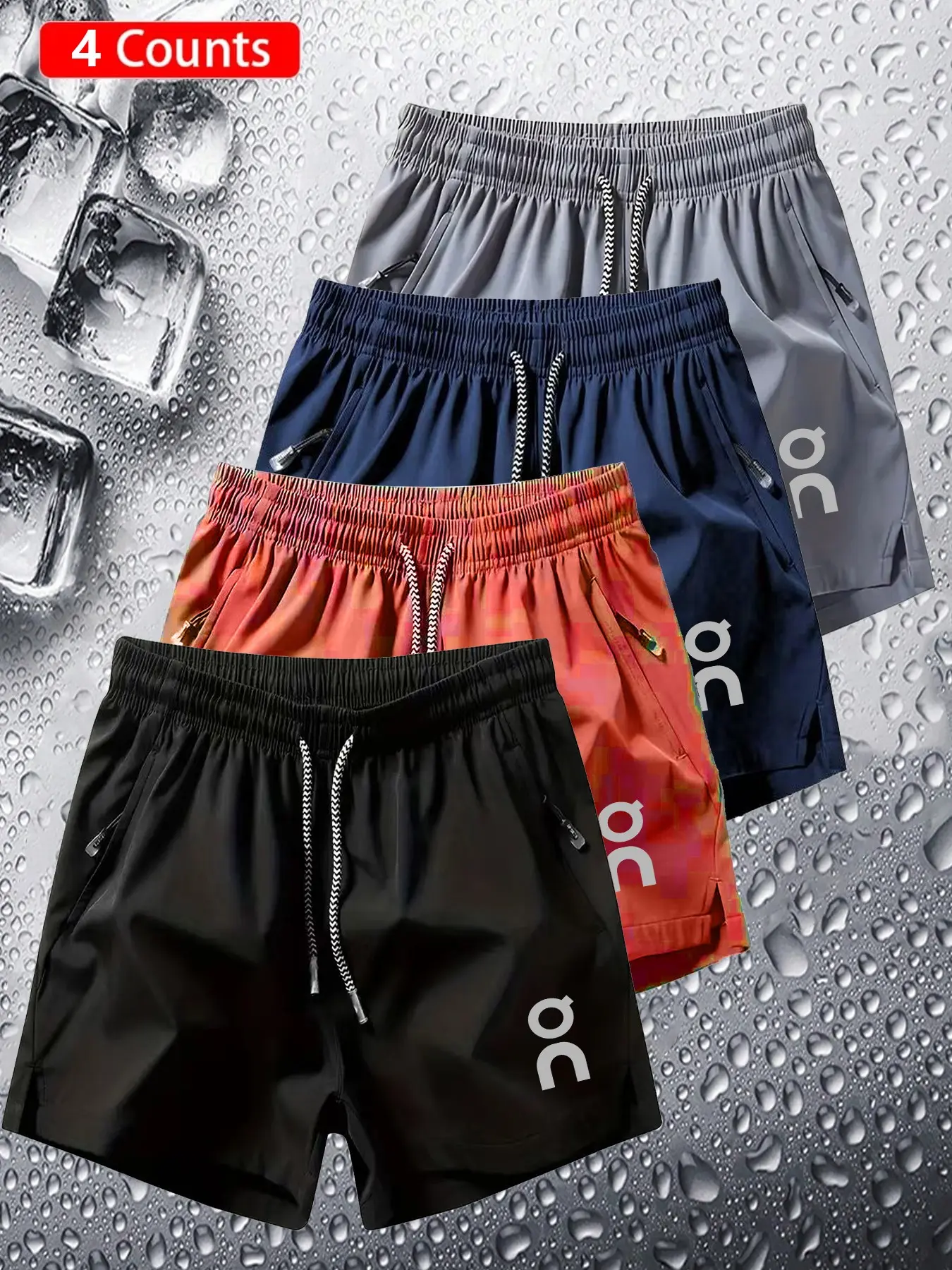 Men's Quick-Dry Sport Shorts Set, 4-Piece Fitness Training, Outdoor Running, Beach Vacation, Logo Print, Waterproof Breathable Fabric, Zip Pockets
