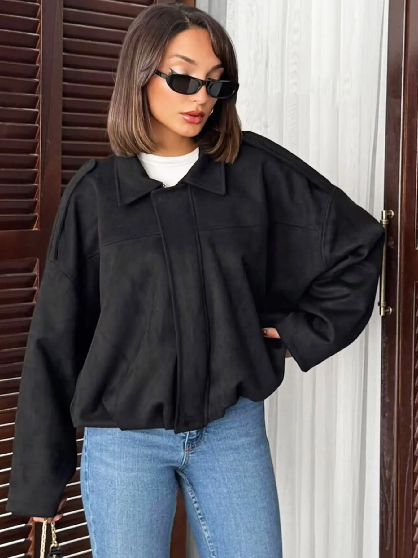 Women's Suede Jackets Long Sleeve Cropped Top For Women Demi-Season Jacket Female Chic Zip Up Loose-Fitted Oversized Short Coats Streetwear Women's Bomber Jacket Spring Coat Female Casual