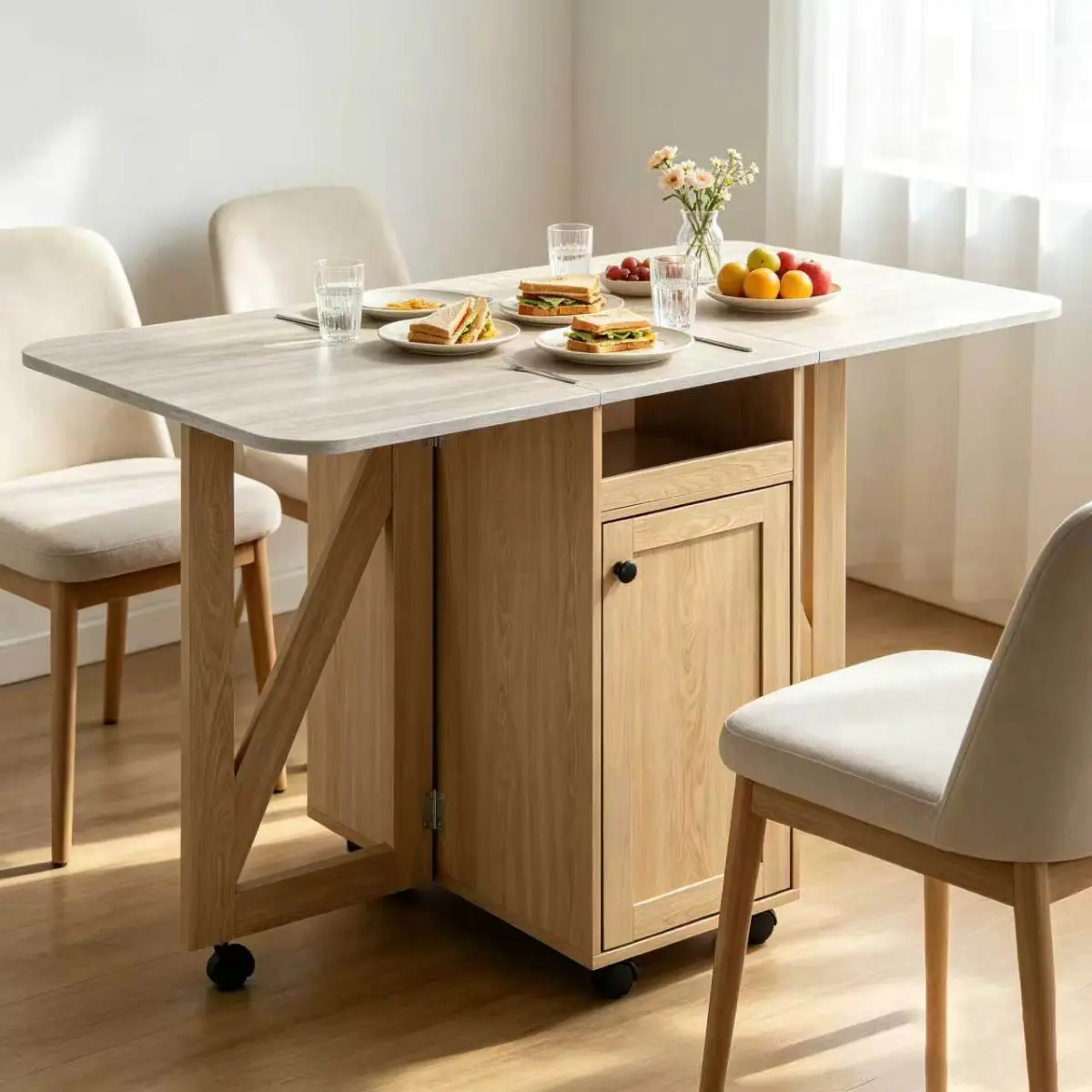 [Fahuac] Modern Rolling Drop Leaf Kitchen Cart with Foldable Table, MDF Wood Expandable Mobile Island, Cabinet, Wine Rack, Locking Wheels, Mobile Base for Small Kitchen Prep