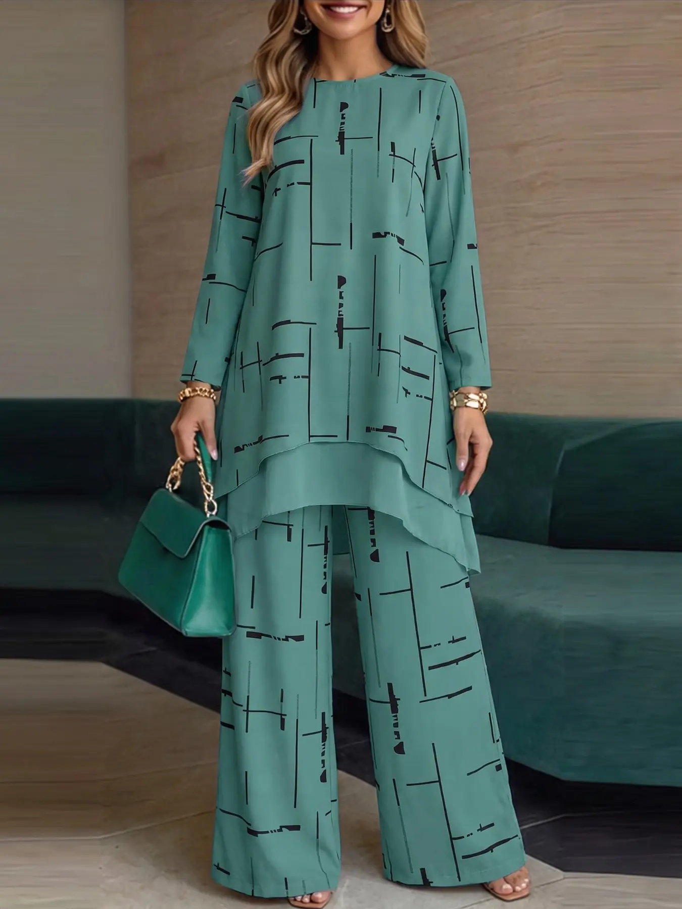 ZANZEA Women's Fashion Retro Daily Two-Piece Set, Long Sleeve Blouse with All-Over Print, Elastic Waist Pants, Loose-Fit Casual
