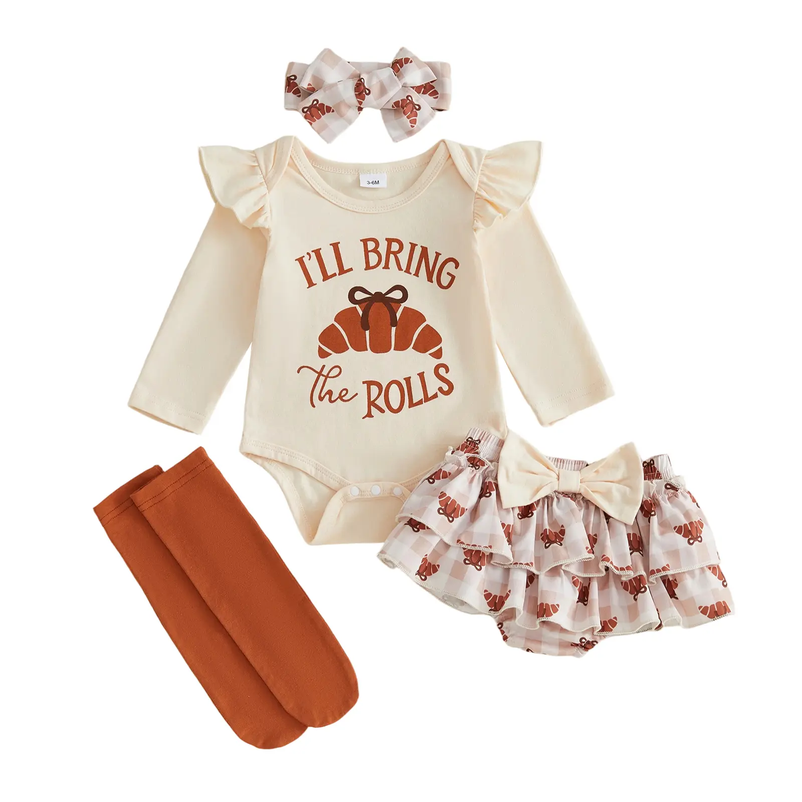 Infant Baby Girlset, Cotton Blend Croissant Print Long Sleeve Jumpsuit & Tutu Skort, Socks & Headband Pack for 0-18 Months