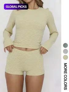 Valentine's Day 2 Piece Set Women's Casual Striped Long Sleeve Shirt + Hot Pants Short Shorts, Summer Fashion, Comfortable and Stylish, Perfect for Daily Wear