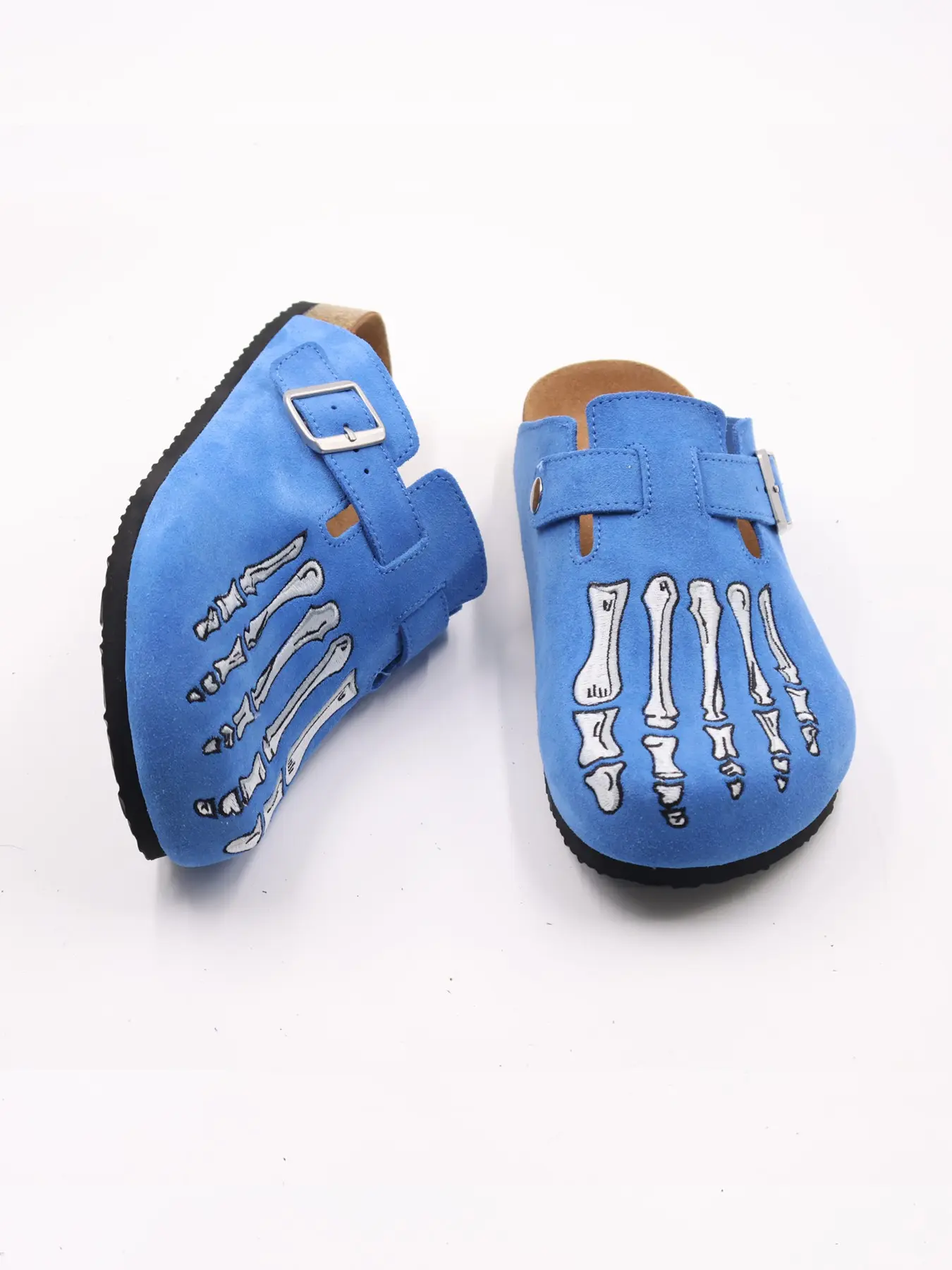 Men's Skeleton Bone Embroidered Clogs, Slip-On Casual Suede Sandals for Men, Comfortable Cork Footbed Slides, Streetwear Style