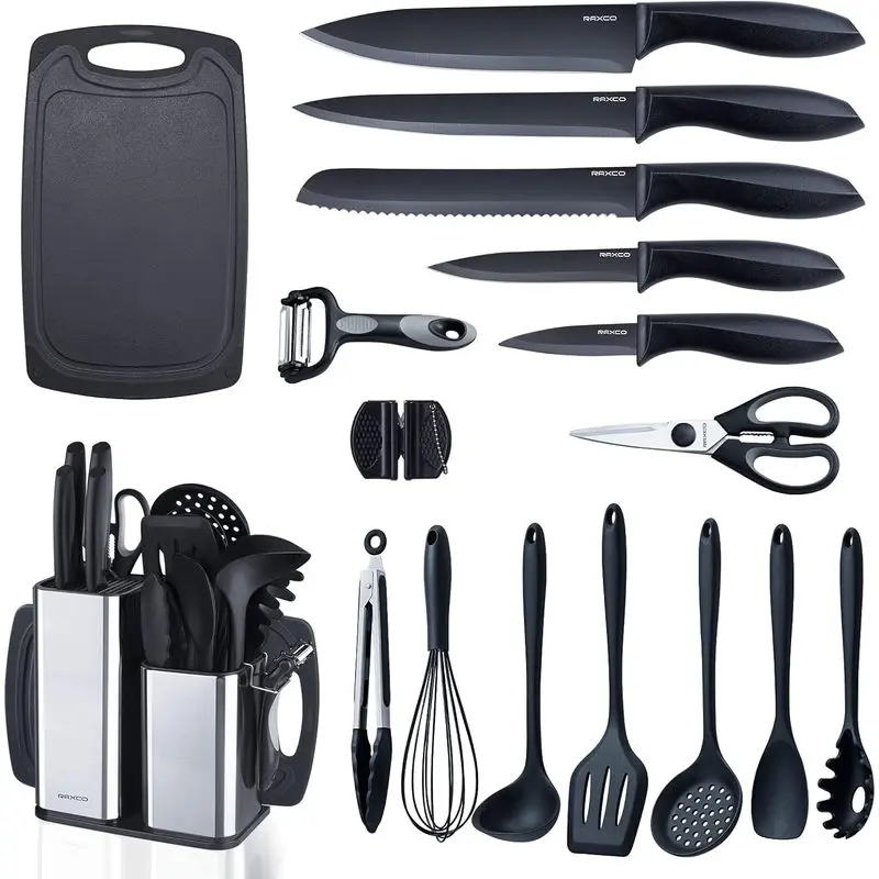 Kitchen Utensils Set,18-Piece Cooking Utensils and Knife Set,Black |   Food-grade Silicone Heat-safe to 410 ° F, Detachable Stainless Steel Holder, 5 Kitchen Knives and Cutting Board All-in-one