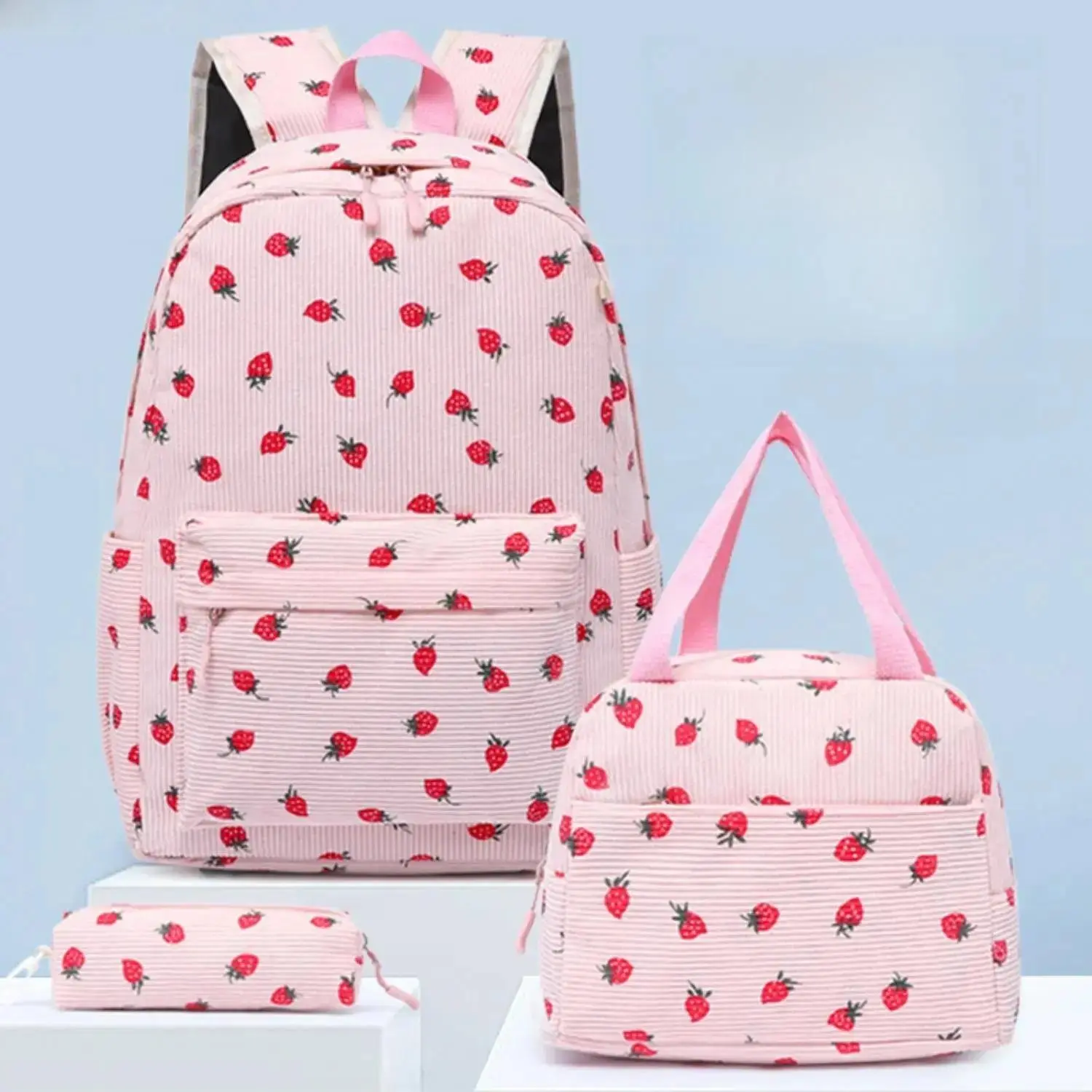 Kawaii 3-Piece Kids Backpack Set, Corduroy Strawberry Print School Bag with Lunch Box & Pencil Pouch, Back to School, School Style Backpack, Back To School Shopping