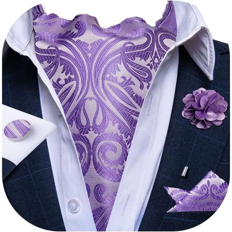 Mens Silk Ascot Ties Paisley Jacquard Woven Cravat and Pocket Square Cufflinks with Lapel Pin for Business Wedding