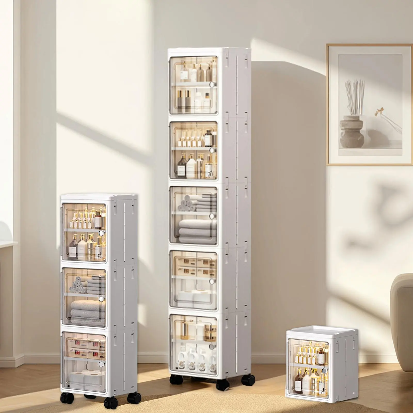 four-layer tall and narrow storage cabinet, made of plastic, with a slim design, doors and adjustable shelves, wheels, stackable and foldable, suitable for small spaces, bathrooms and kitchens,dealsforyou,midyearsale,dealsforyoudays,#SummerWins