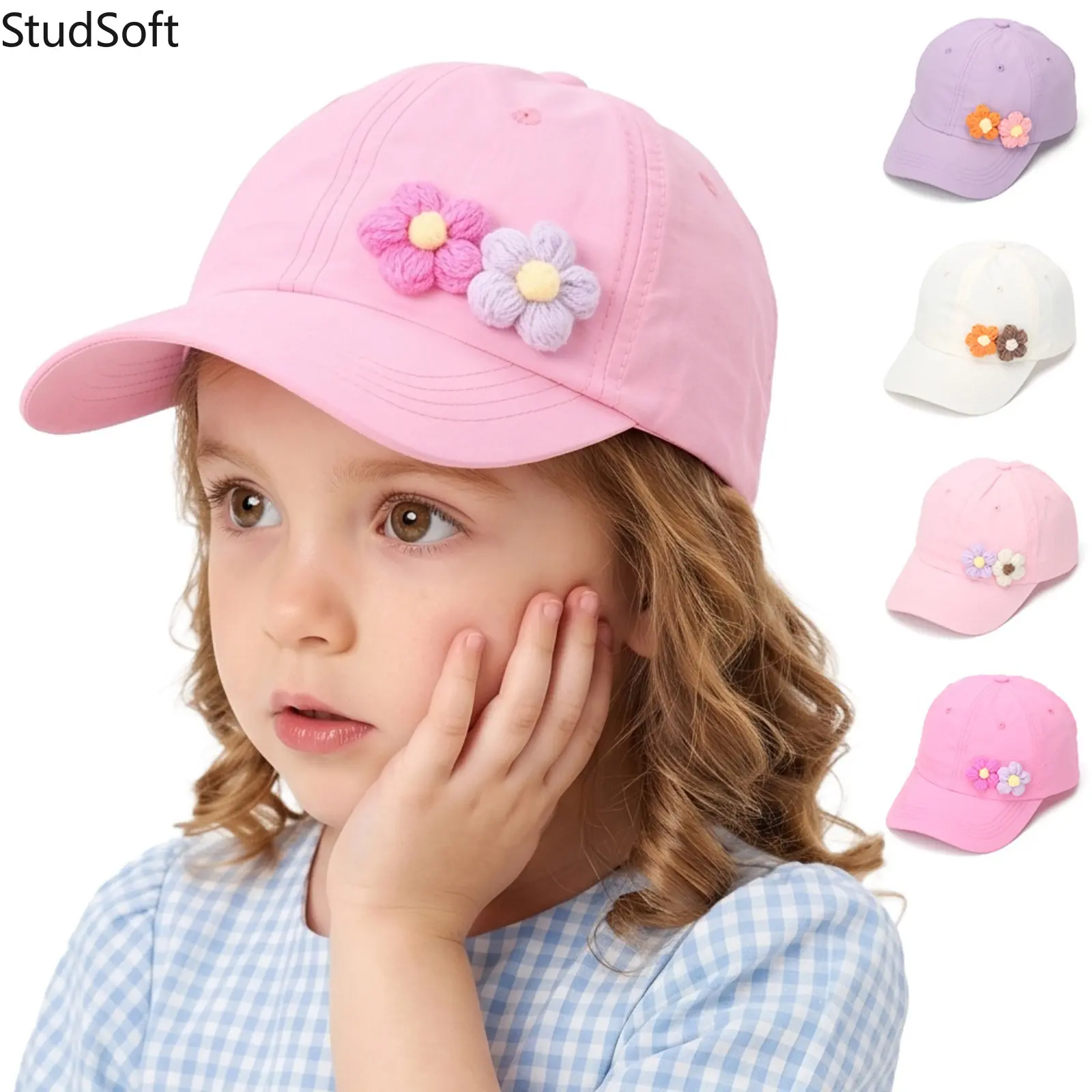 Toddler Girls' Cotton Baseball Cap with 3D Knit Flower Accents, Adjustable Size Peaked Visor for Outdoor & Beach Wear, Prop 65 Safe