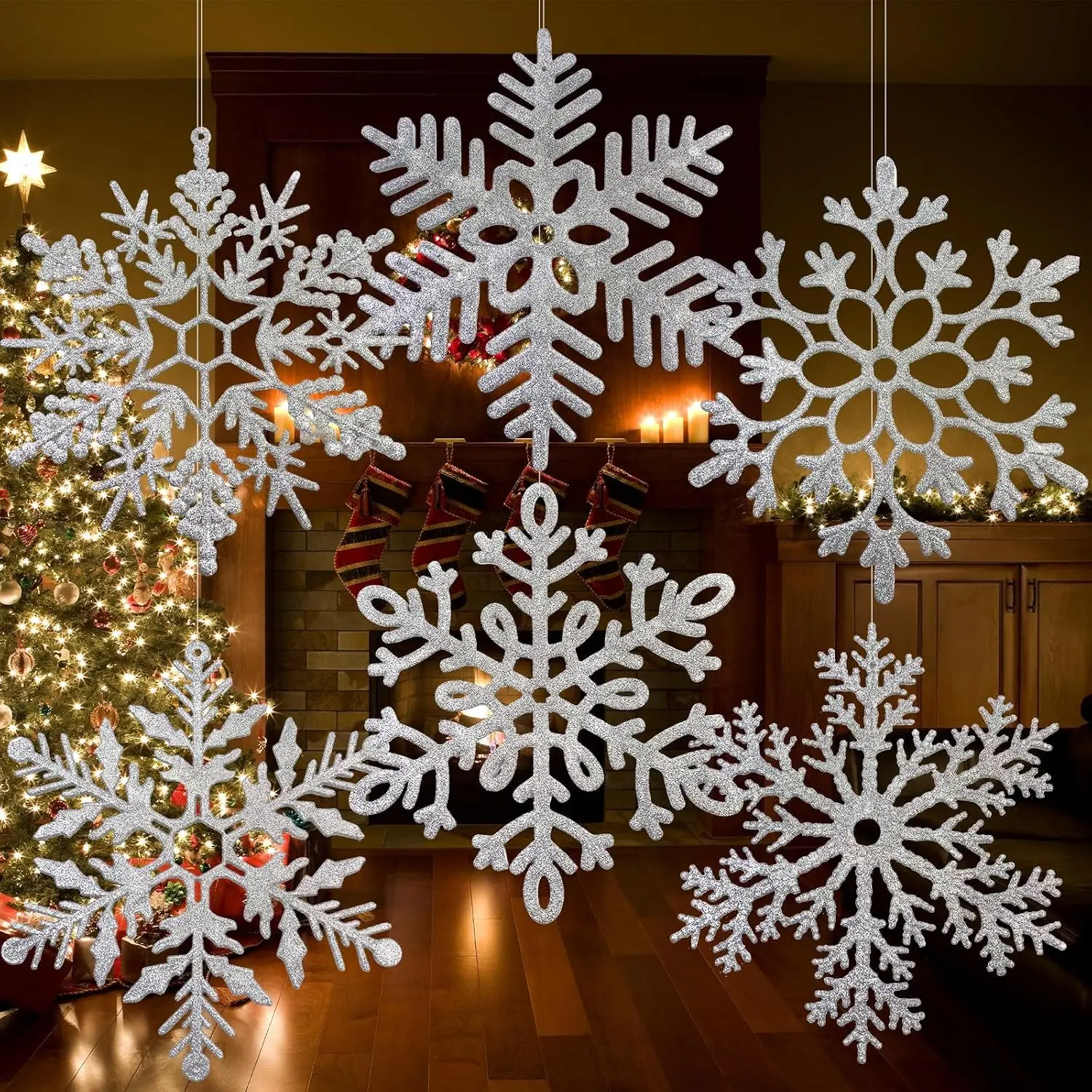 12 Pack 12" Large Glitter  Snowflake Decorations,  | Large  plastic snowflakes for indoor and outdoor Christmas decor, including porches, trees and  displays