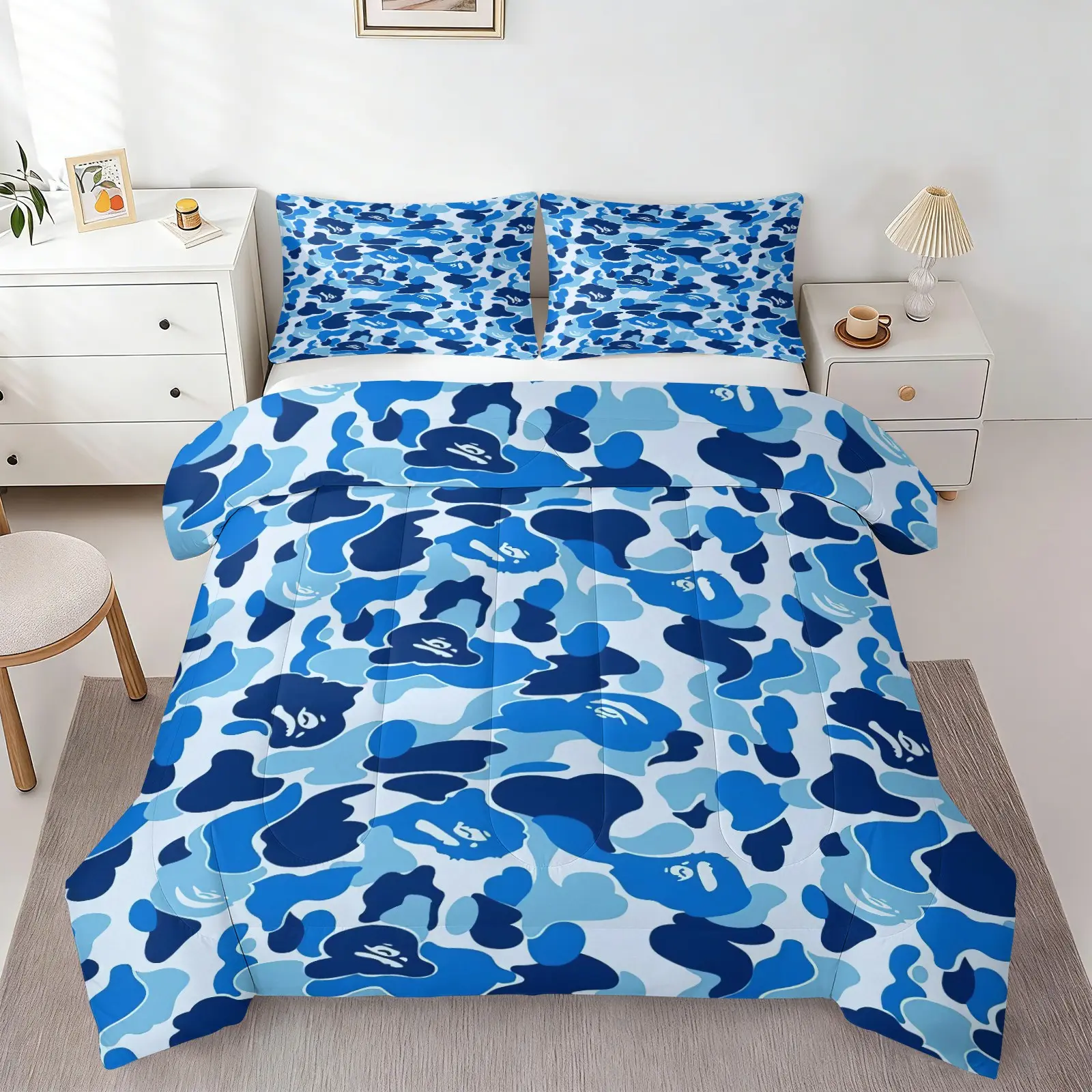 Blue Camo Fashion Comforter Set, 1 Quilt & 1/2 Pillowcase No Pillow Insert, Streetwear Camouflage Bedding Set, Soft All Season Bed Comforter, Trendy Home Decor for Teens, Street Style Bedroom & Dorm Decoration