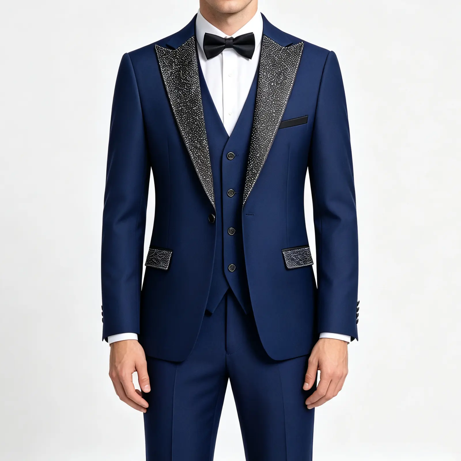 Men's 3-Piece Gingham Blue Formal Tuxedo Set - Long Sleeve Rhinestone Peak Lapel Rayon Blend Jacket, Vest, Hemmed Trouser with Bow Tie for Wedding, Prom, Evening | Menswear