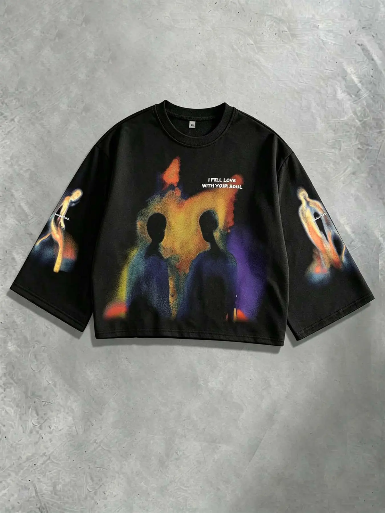 Vibrant Illusion Shadow Print Men's Three-Quarter Sleeve T-Shirt with Symmetrical Print Design on Both Sleeves, Dark Style Subculture Men's Three-Quarter Sleeve T-Shirt, Short Loose Fit, Street Style, Unisex Top