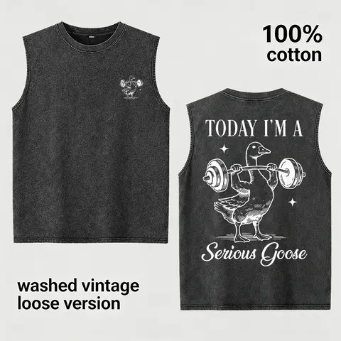 Funny Serious Goose Gym Tank Top Men's 100% Cotton Sleeveless T-Shirt Vintage Washed Workout Muscle Vest Heavyweight Loose Fit Graphic Tee Streetwear, Humorous Birthday Anniversary Gift for Husband Boyfriend Dad