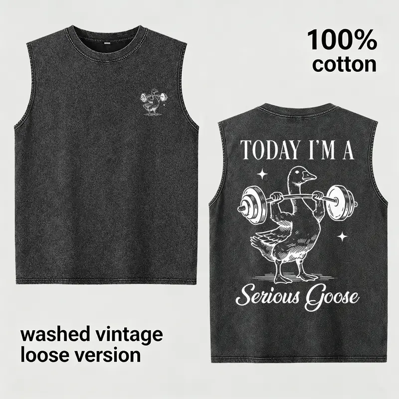 Funny Serious Goose Gym Tank Top Men's 100% Cotton Sleeveless T-Shirt Vintage Washed Workout Muscle Vest Heavyweight Loose Fit Graphic Tee Streetwear, Humorous Birthday Anniversary Gift for Husband Boyfriend Dad