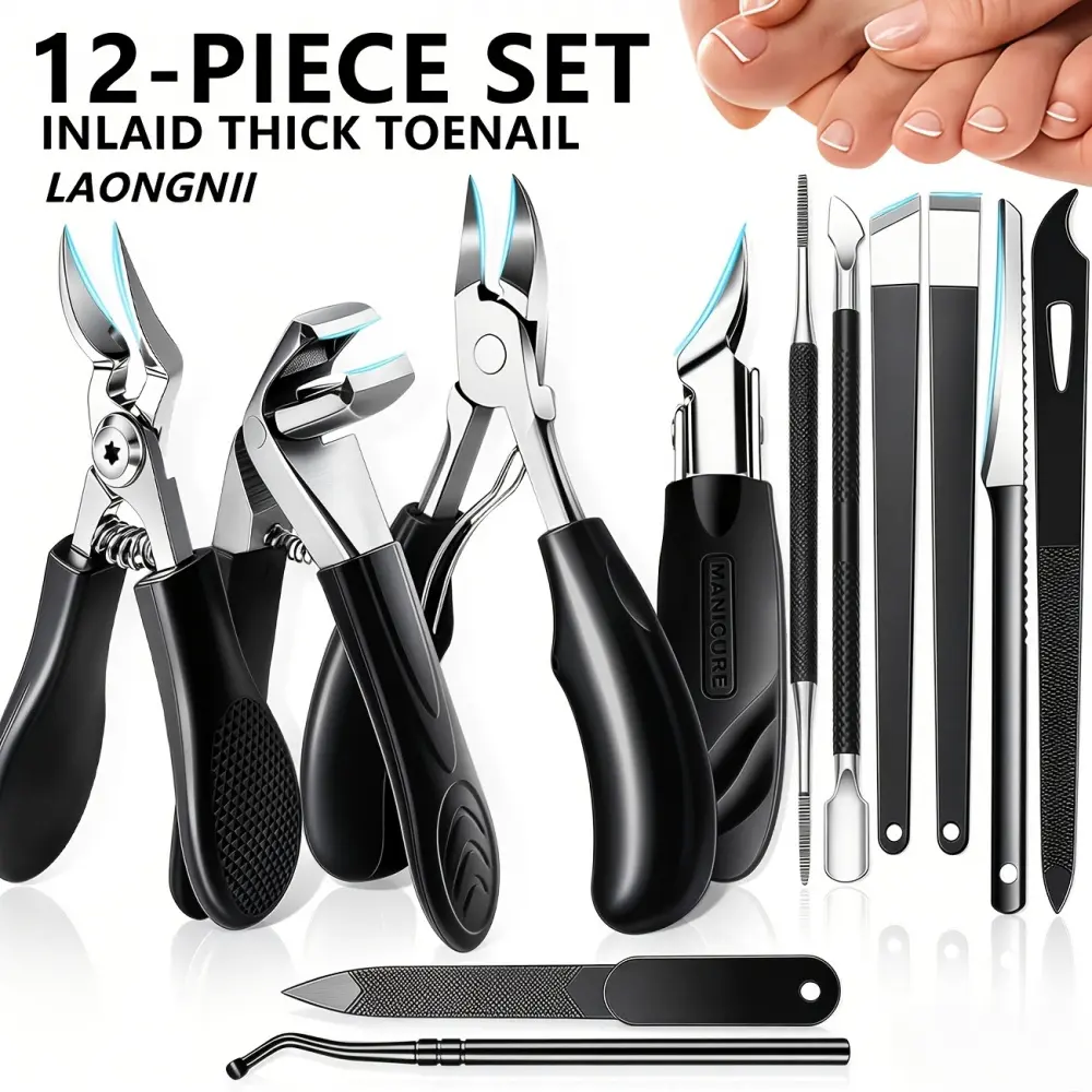 12PCS Heavy Duty Stainless Steel Toenail Clippers Set - Thick Hard Nail Tool Kit with Nail Scissors, Cuticle Pusher, Pedicure & Manicure Tools for Seniors, Adults