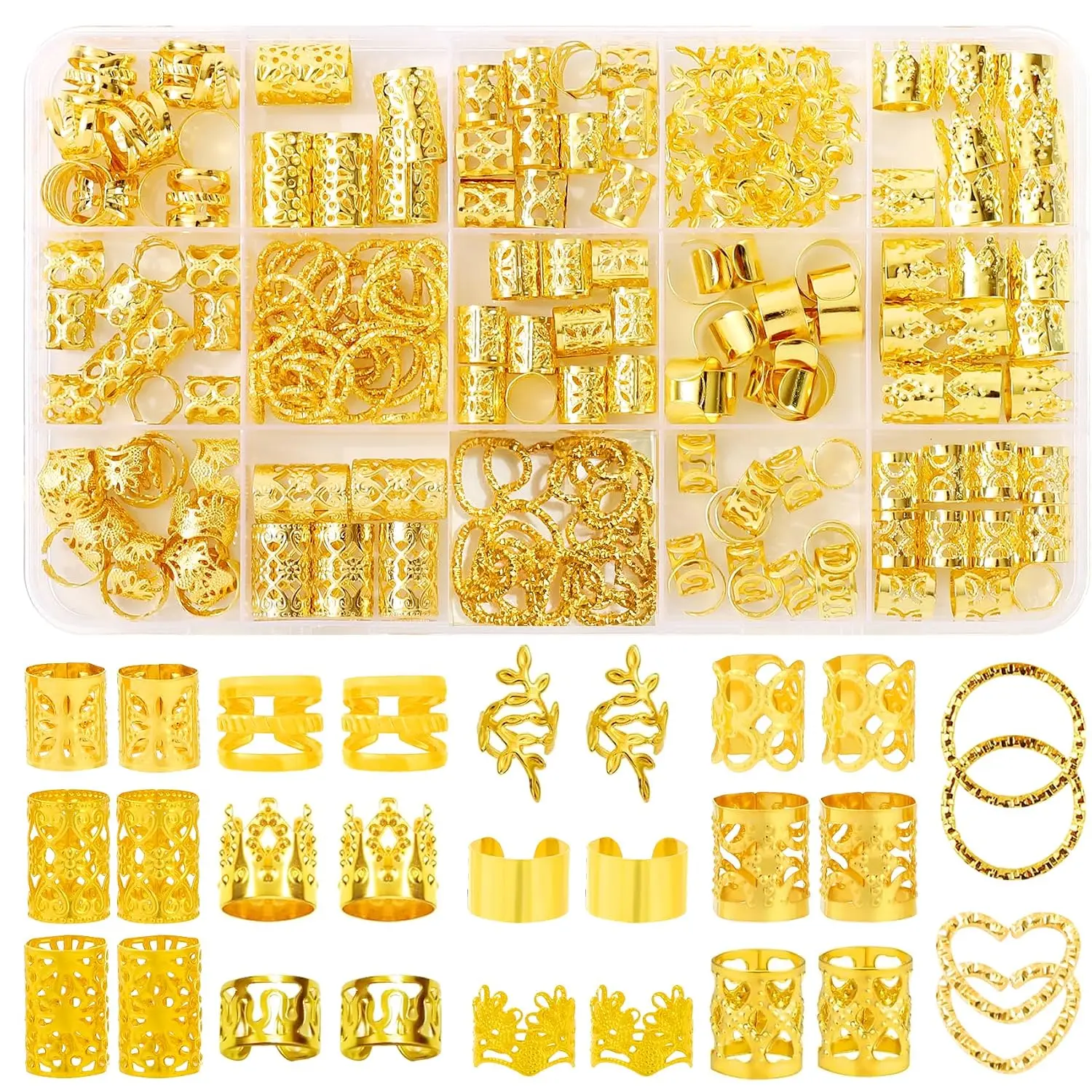 Modern Reusable Hair Accessory Set (190-Count) - Beads with Braids, Cuff Shapes, Ring Cuffs, Clips, Charms for Braids, Dreadlocks, Locs - Ideal for Women, Parties