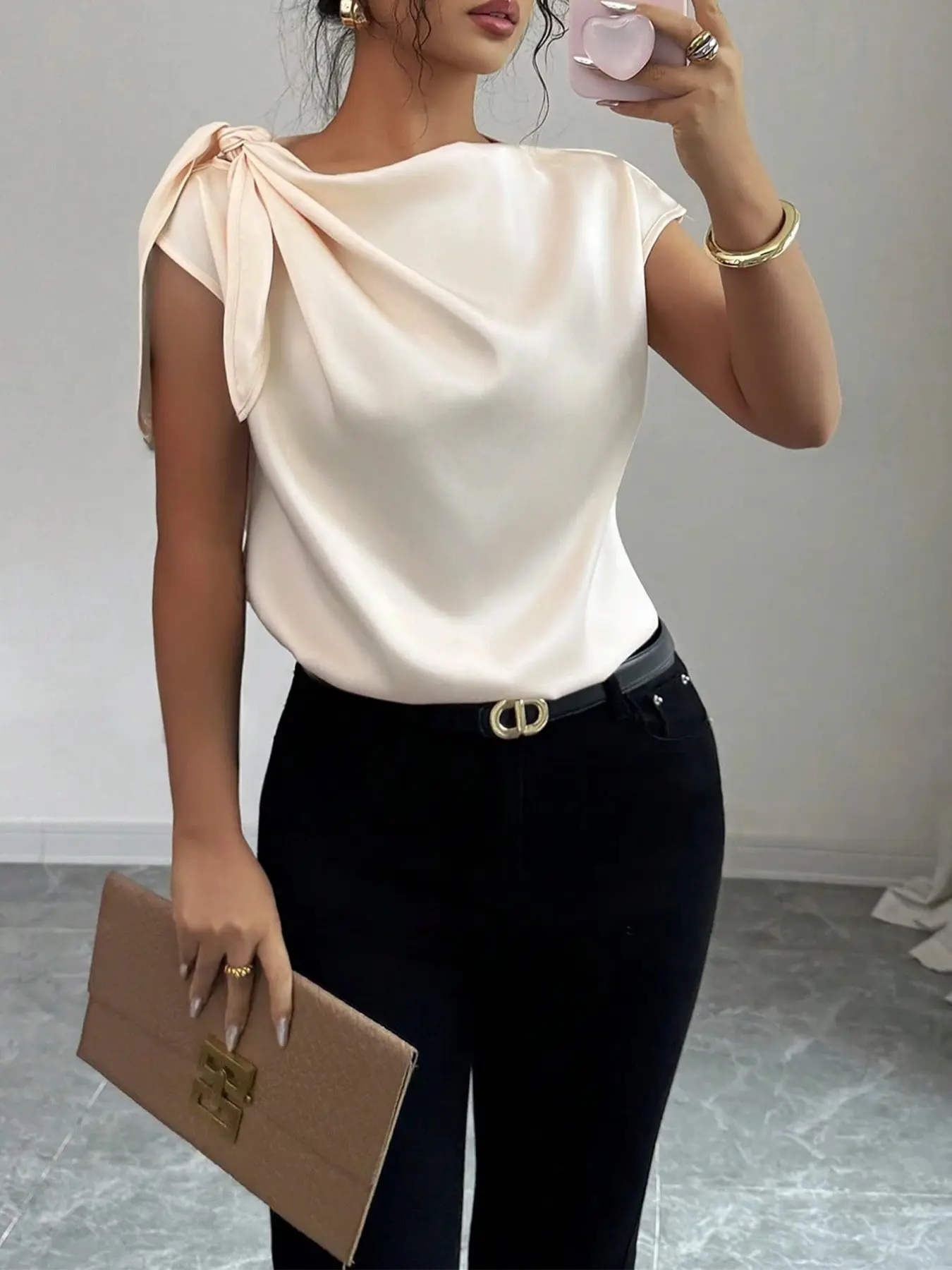 Elegant Women's Solid Satin Shirt, Lightweight Summer Twisted Collar Blouse, Chic and Refined Design, Perfect for Daily Wear, Tops
