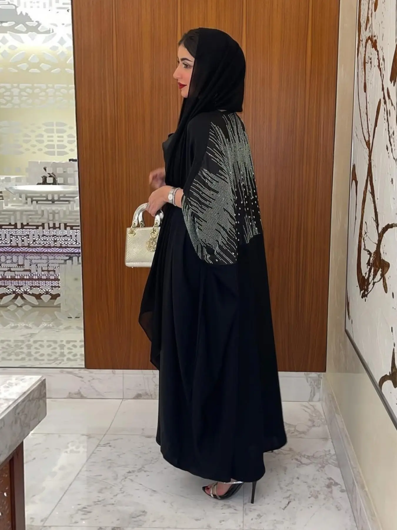 Women Open Front Long Cover Up Robe Caftan, Batwing Wide Sleeve, Silver Color Rhinestone Beaded Back, Elegant Loose-Fit Outerwear