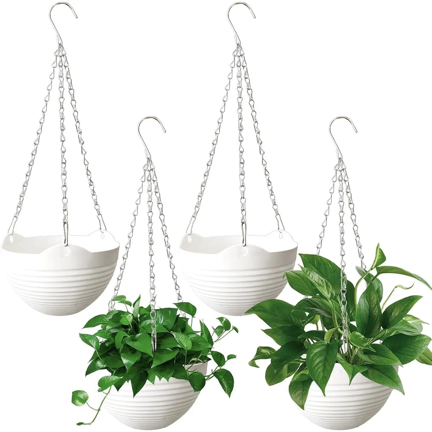 4 Pack 8 inch Plastic Self Watering  Planters,Round  Basket Planter with Drainer and Metal Chain,White Garden Flower  Pot Container for Indoor Outdoor