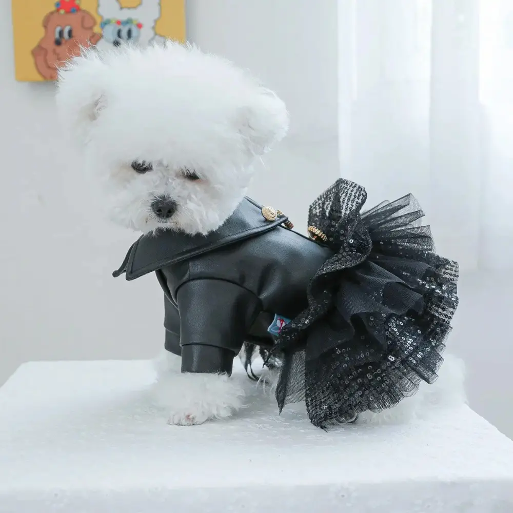 Pet Sparkling Leather Look Mini Skirt - Pu Polyester Woven Costume Set with Velvet Traction, Ruffle Tutu, for Small Universal Dogs (Teddy, Bichon, Pomeranian, Yorkie, Poodle Puppies) & Cats, Christmas Halloween Use Puppy Cat Red Dress Floral Princess