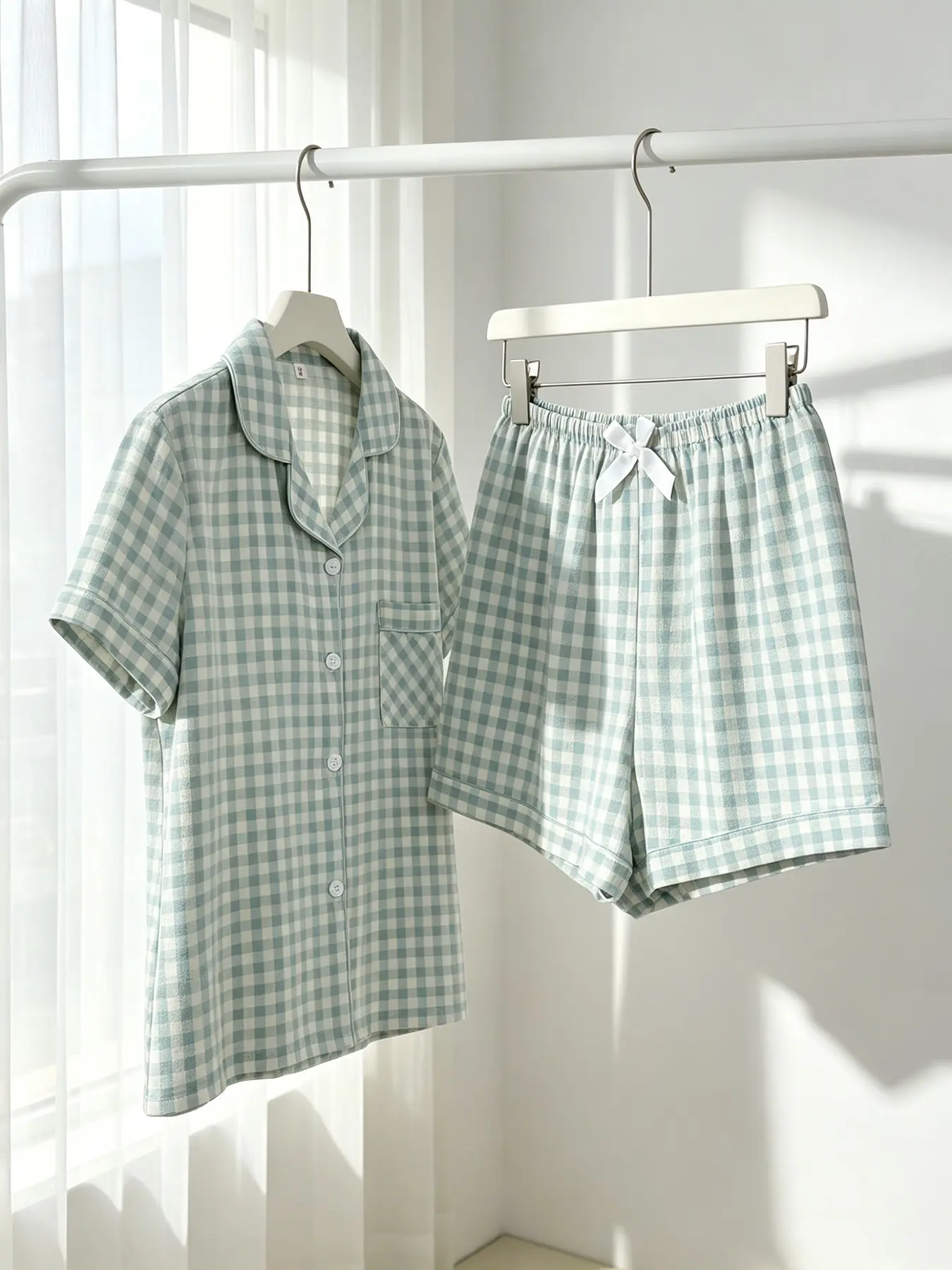 Women's Button-Down Short Sleeve Top & Shorts Pajama Set, Casual Pajamas Set, INS Style Green White Gingham Plaid, Classic Collar, Spring Summer Wear, Breathable, Aesthetic Loungewear for Photos