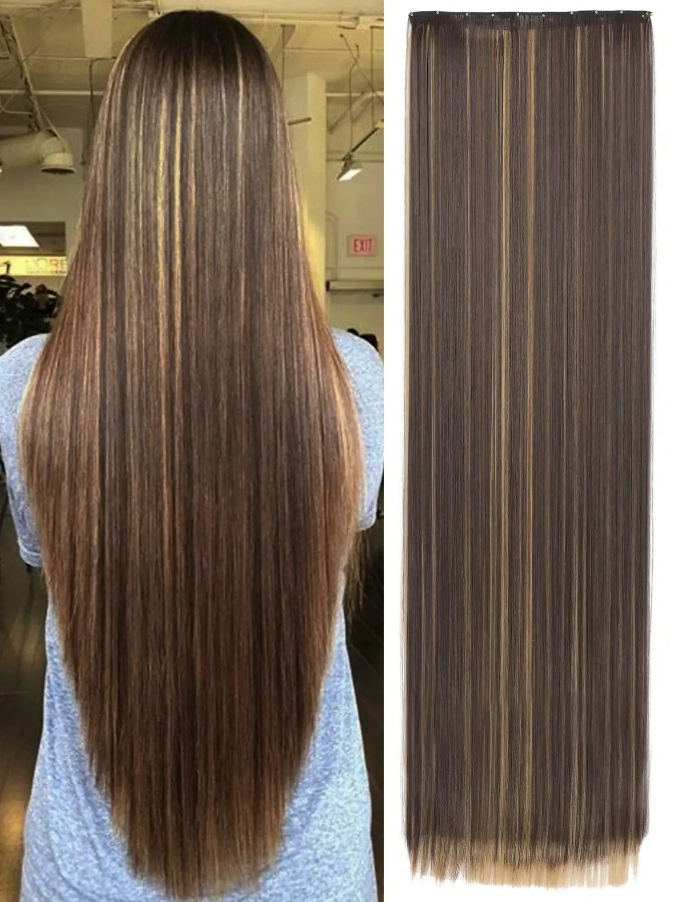 24 Inch and 40 Inch Clip-In Hair Extensions, Dark Brown with Honey Blonde Highlight, Straight Synthetic Fiber Hair Pieces, Instant Color and Volume, No Heat or Glue Required, Perfect for Daily Wear, Halloween and Parties