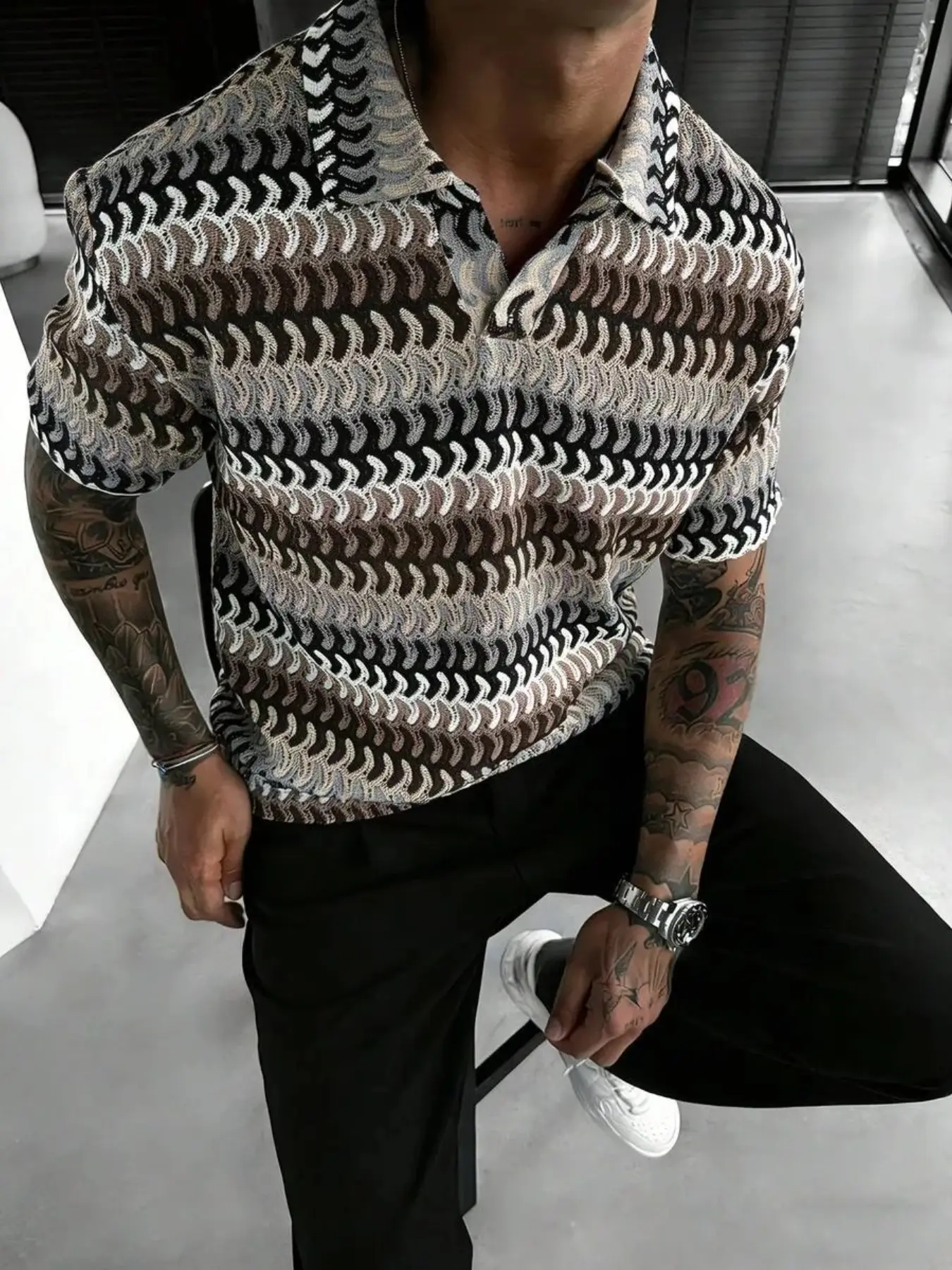 Men's Textured Striped V-Neck Polo Shirt, Loose-Fitting Boho Style, All-Season Casual Wear, High-Quality Menswear
