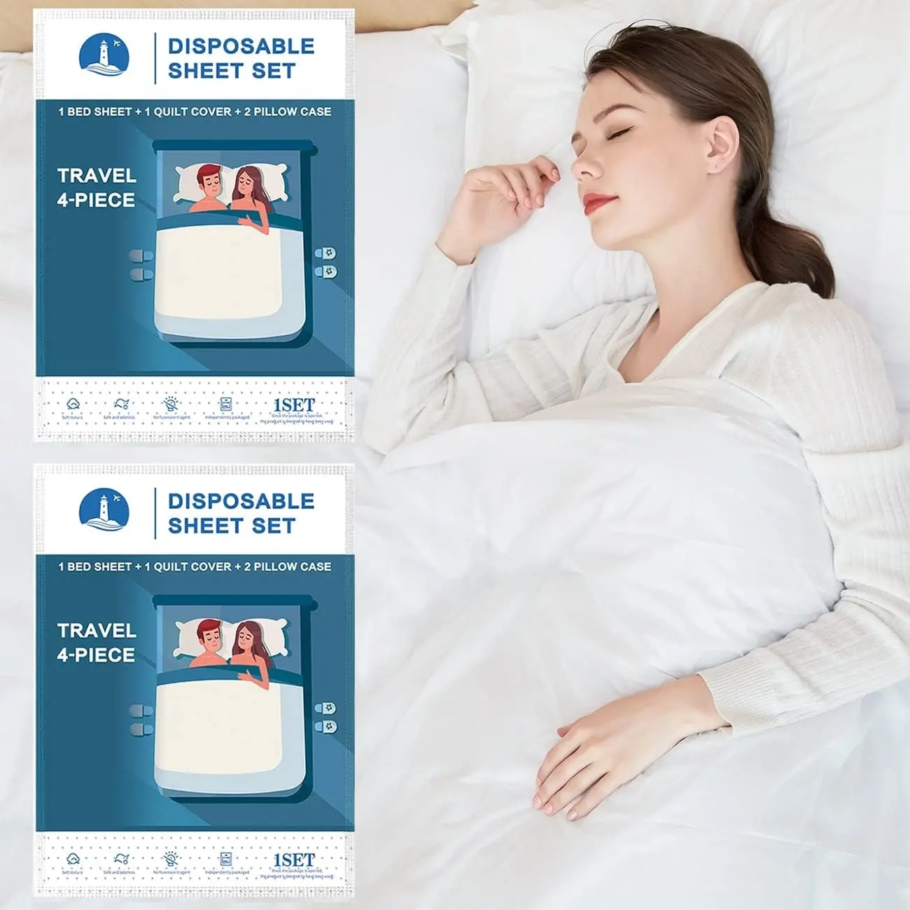 Two Sets of Disposable Bed Sheets, Quilt Cover and Pillow case Set for Hotel and Travel. Portable Ready to use Bedding Set (Travel 4-Piece Double) 2 SetsGift.