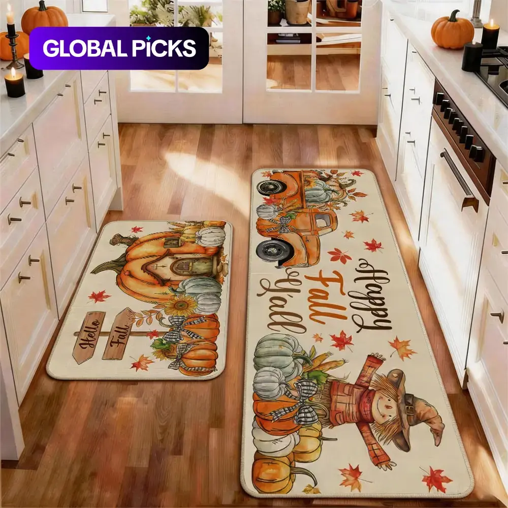 2pcs Thanksgiving Fall Kitchen Mat Gug Set with Pumpkin Maple leaves Pattern, Non-Slip Soft Low Profile,Floor Mat Set Farmhouse Kitchen Rug Dining Room Flooring Laundry Room Decor Carpet Mat, Decorative Rug Mat, Kitchen Rugs Mats